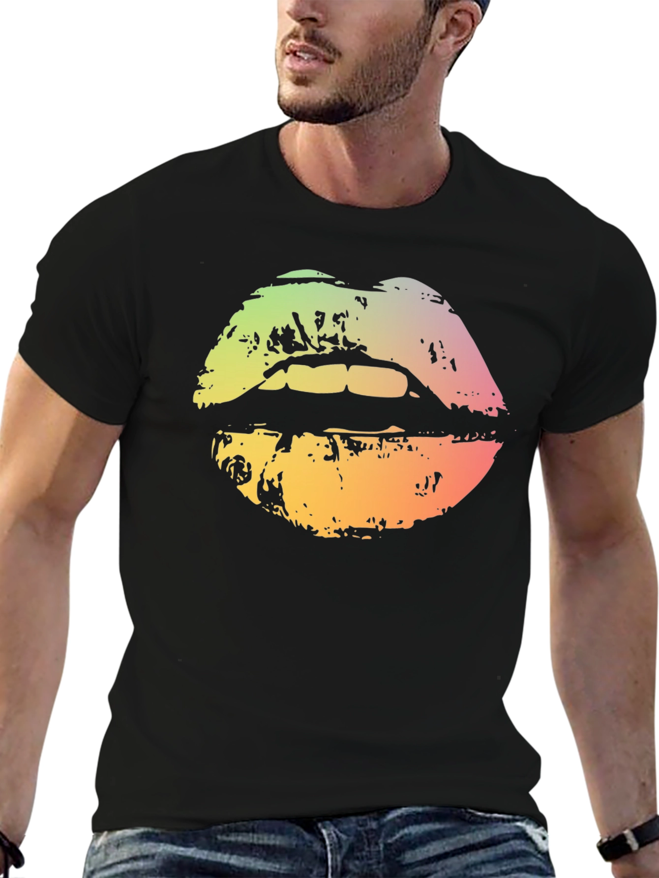Black Rainbow Lips Graphic T-Shirt - Unisex Cotton Tee view 6