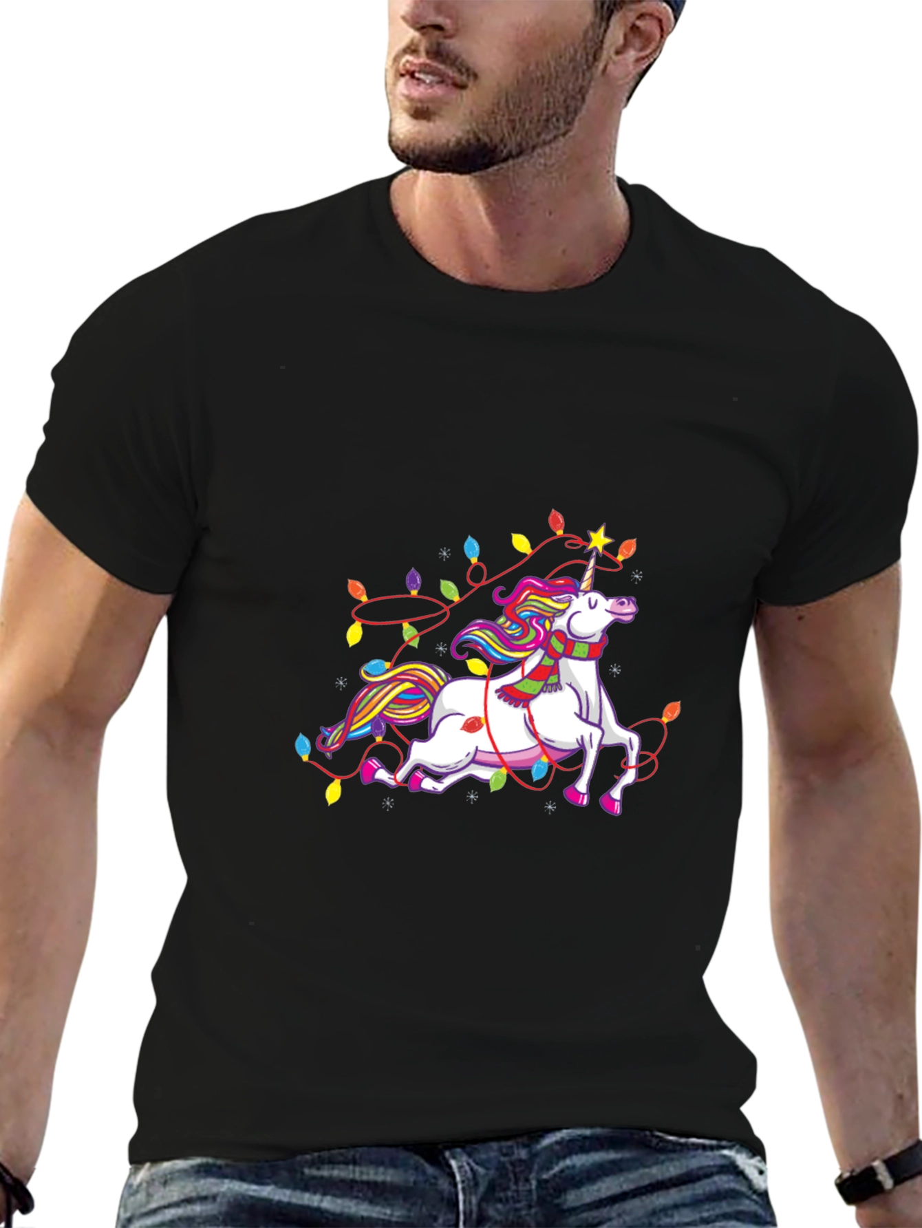 Black Unicorn Christmas Lights Black Tee view 6