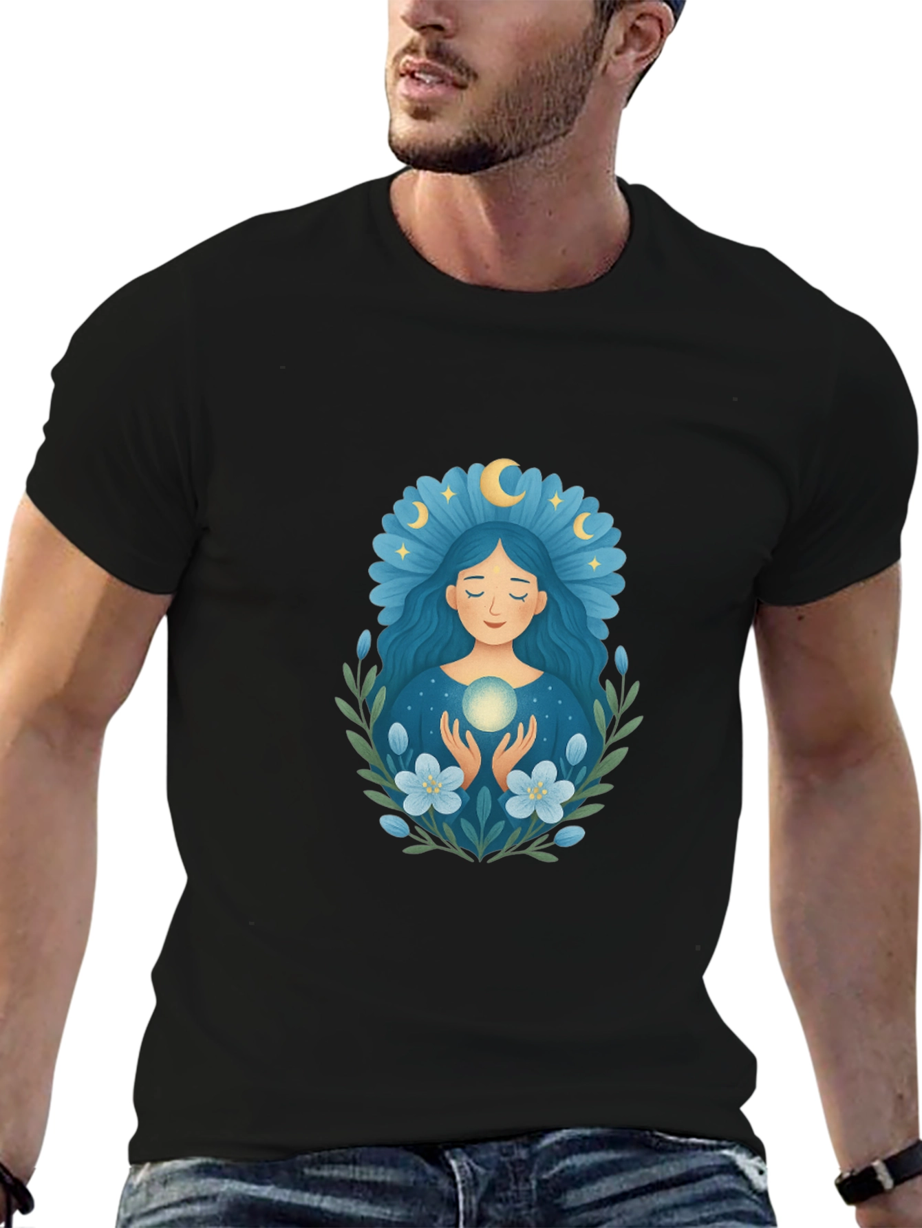 Black Mystic Moon Goddess T-Shirt - Black Cotton Tee view 6