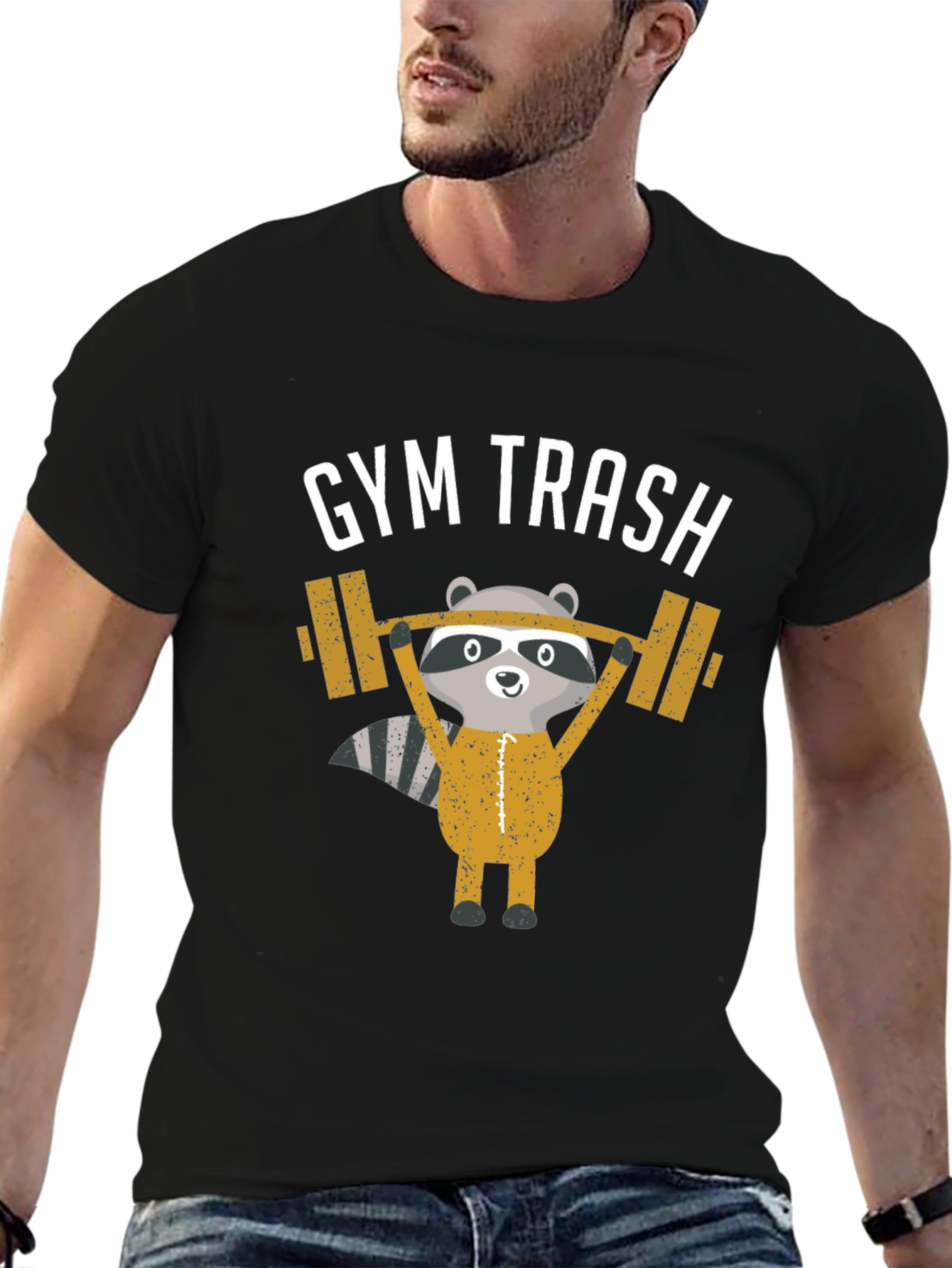 Black Gym Trash Raccoon Weightlifting T-Shirt view 6
