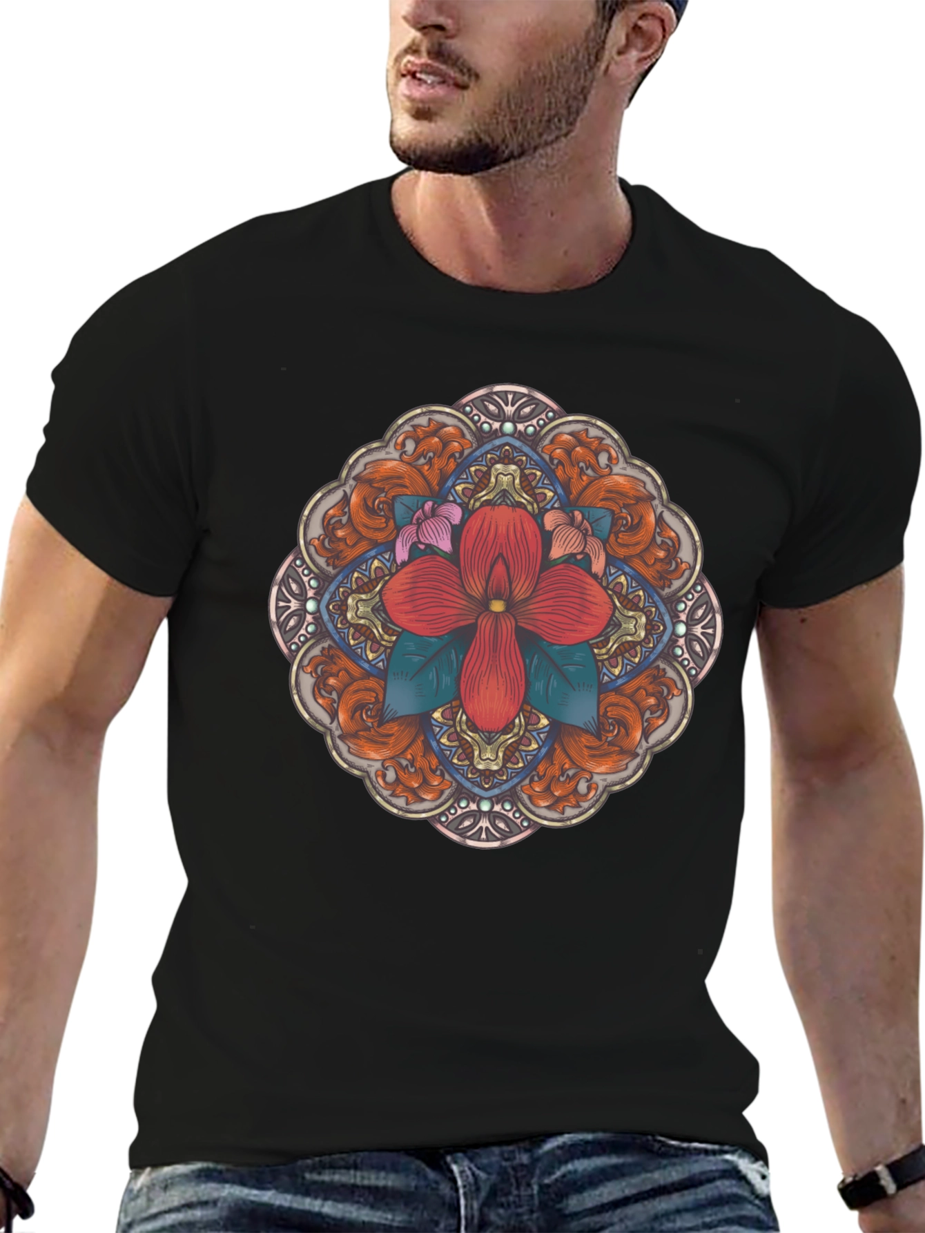 Black Floral Mandala Black T-Shirt view 6