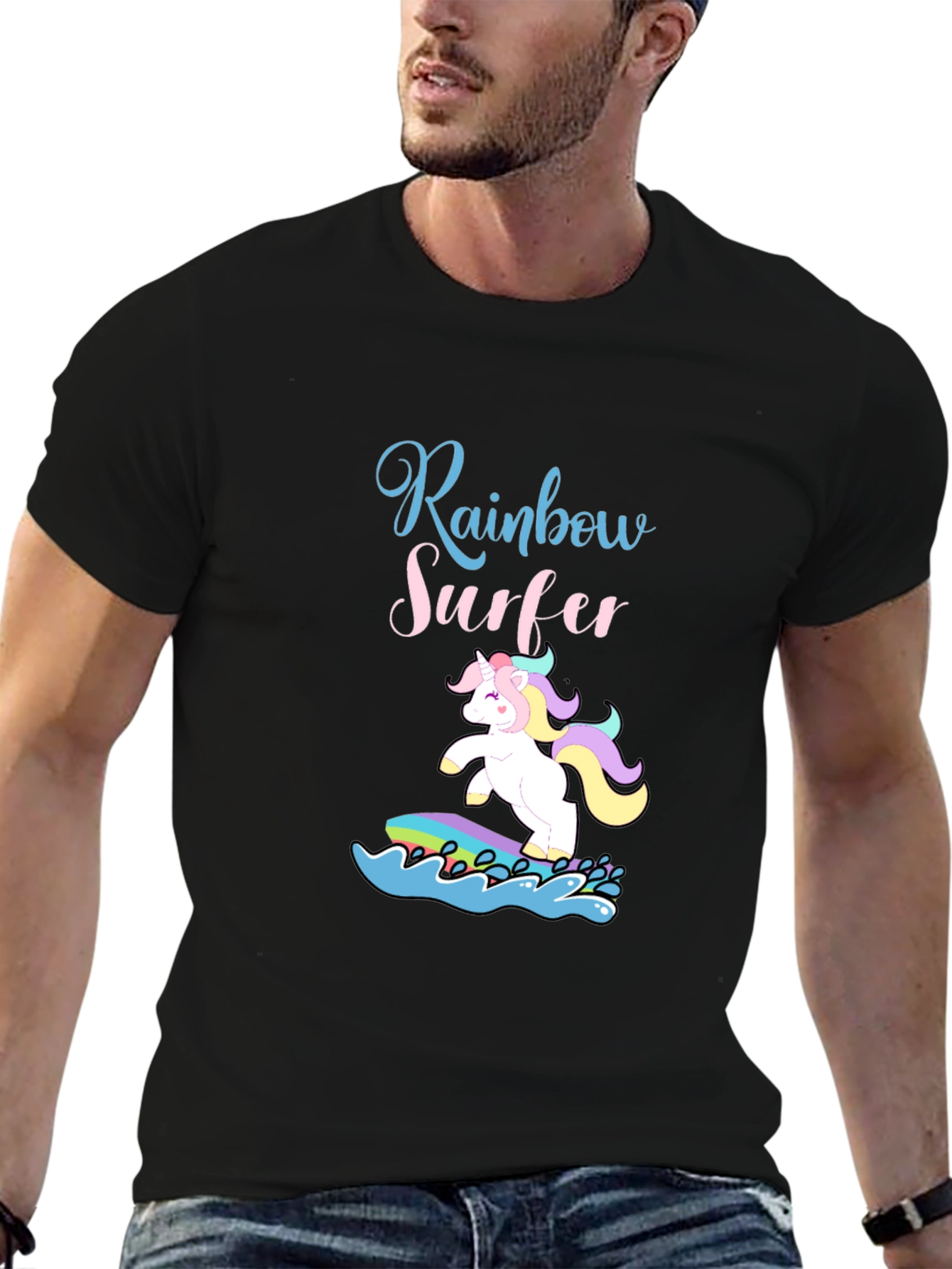 Black Rainbow Surfer Unicorn Graphic Tee - Black Cotton T-Shirt view 6