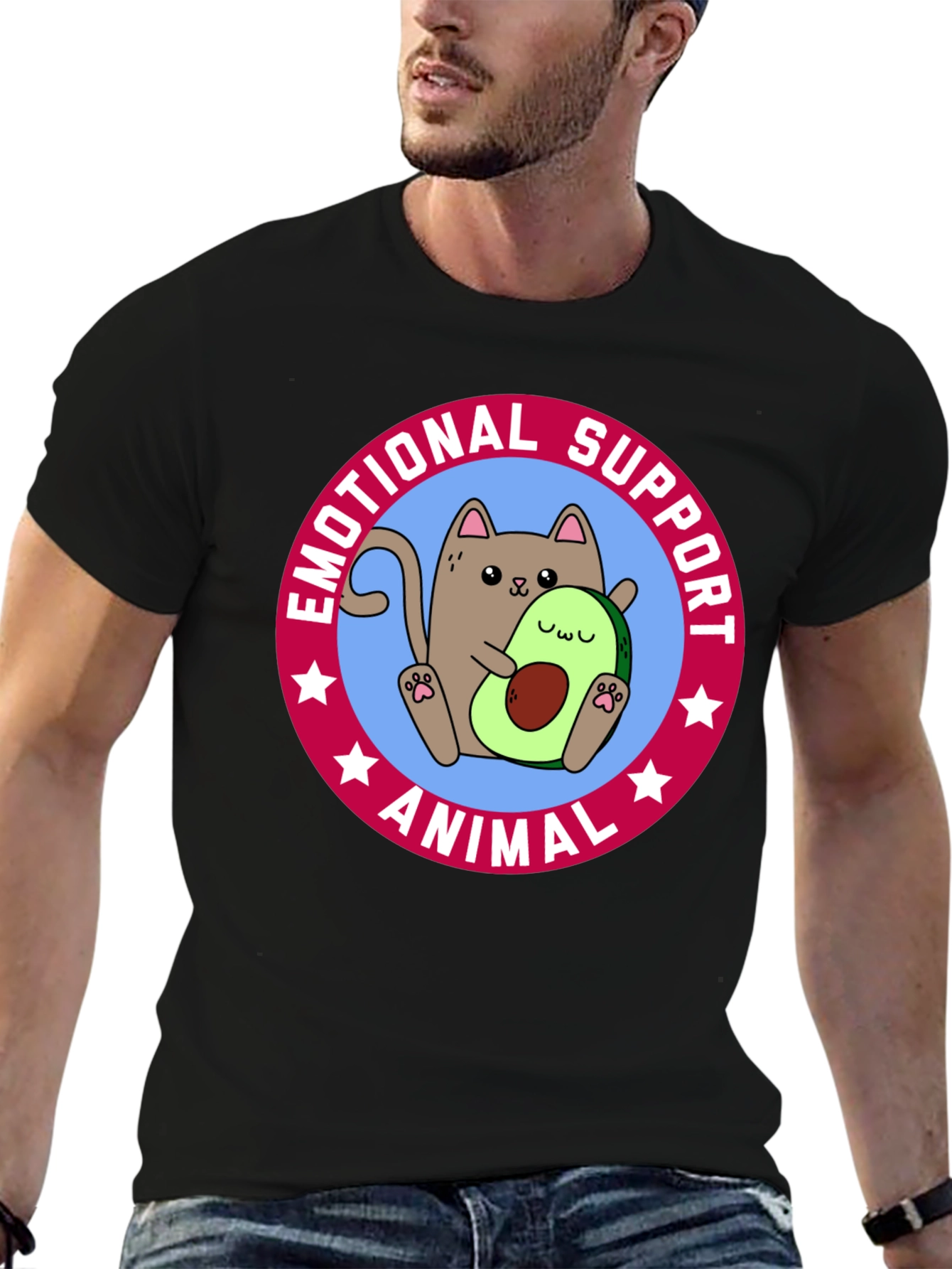 Black Emotional Support Animal T-Shirt - Cat & Avocado view 6