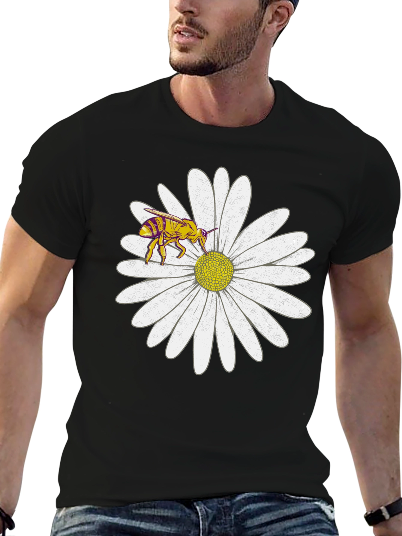 Black Bee on Daisy Graphic Tee - Black Cotton T-Shirt view 6