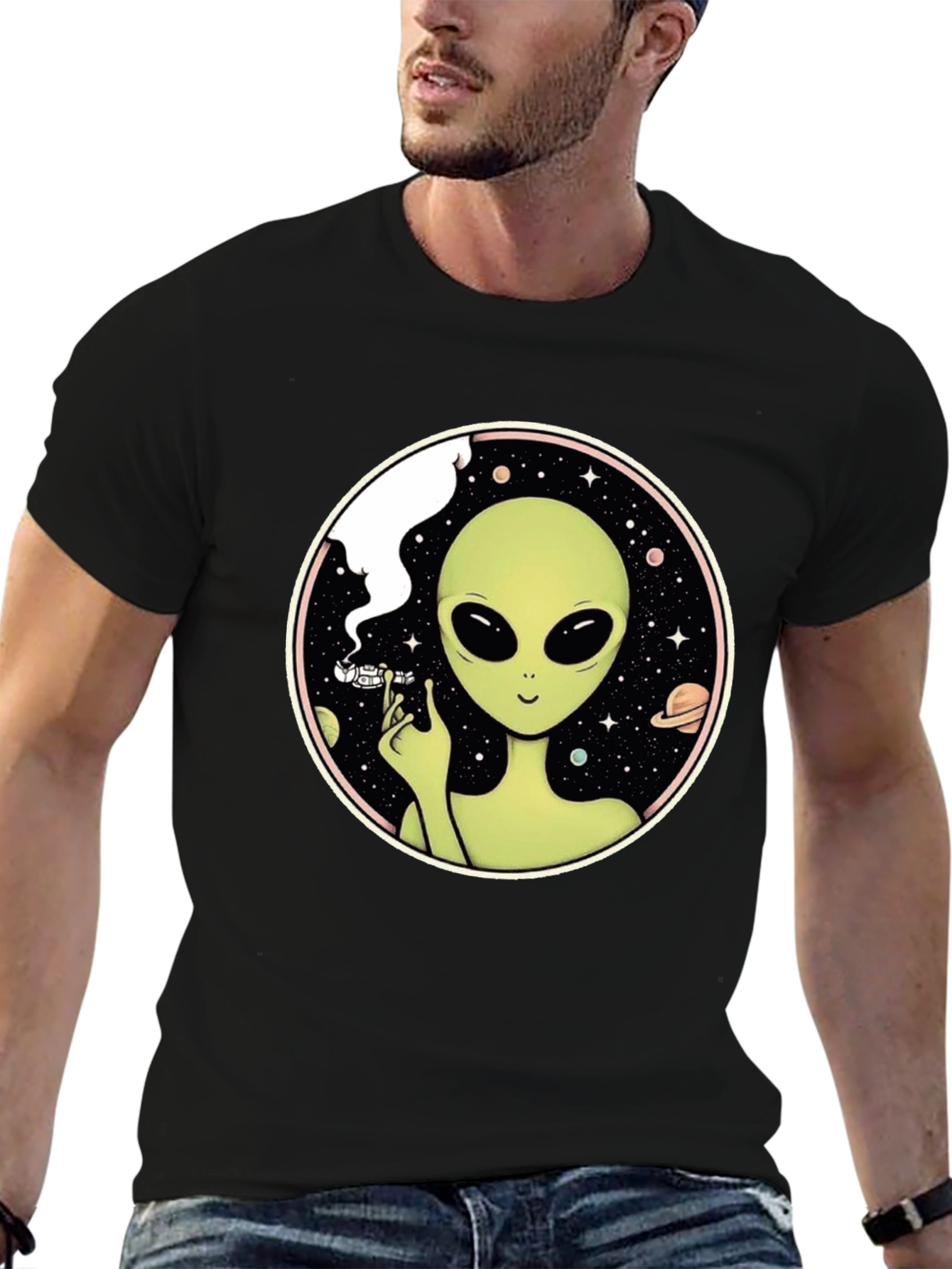 Black Alien Smoking Weed T-Shirt - Black view 6
