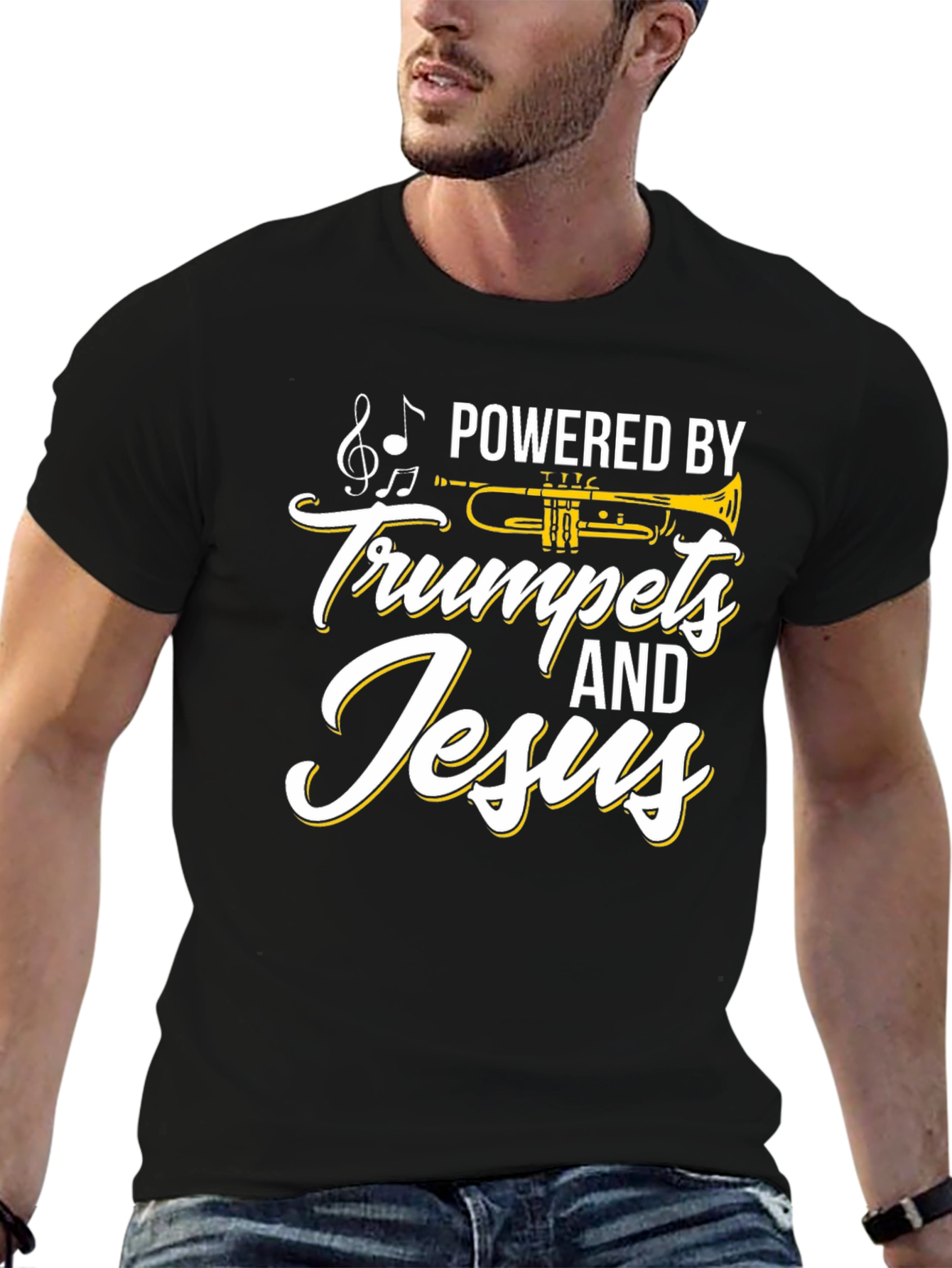 Black Powered by Trumpets & Jesus Black T-Shirt view 6