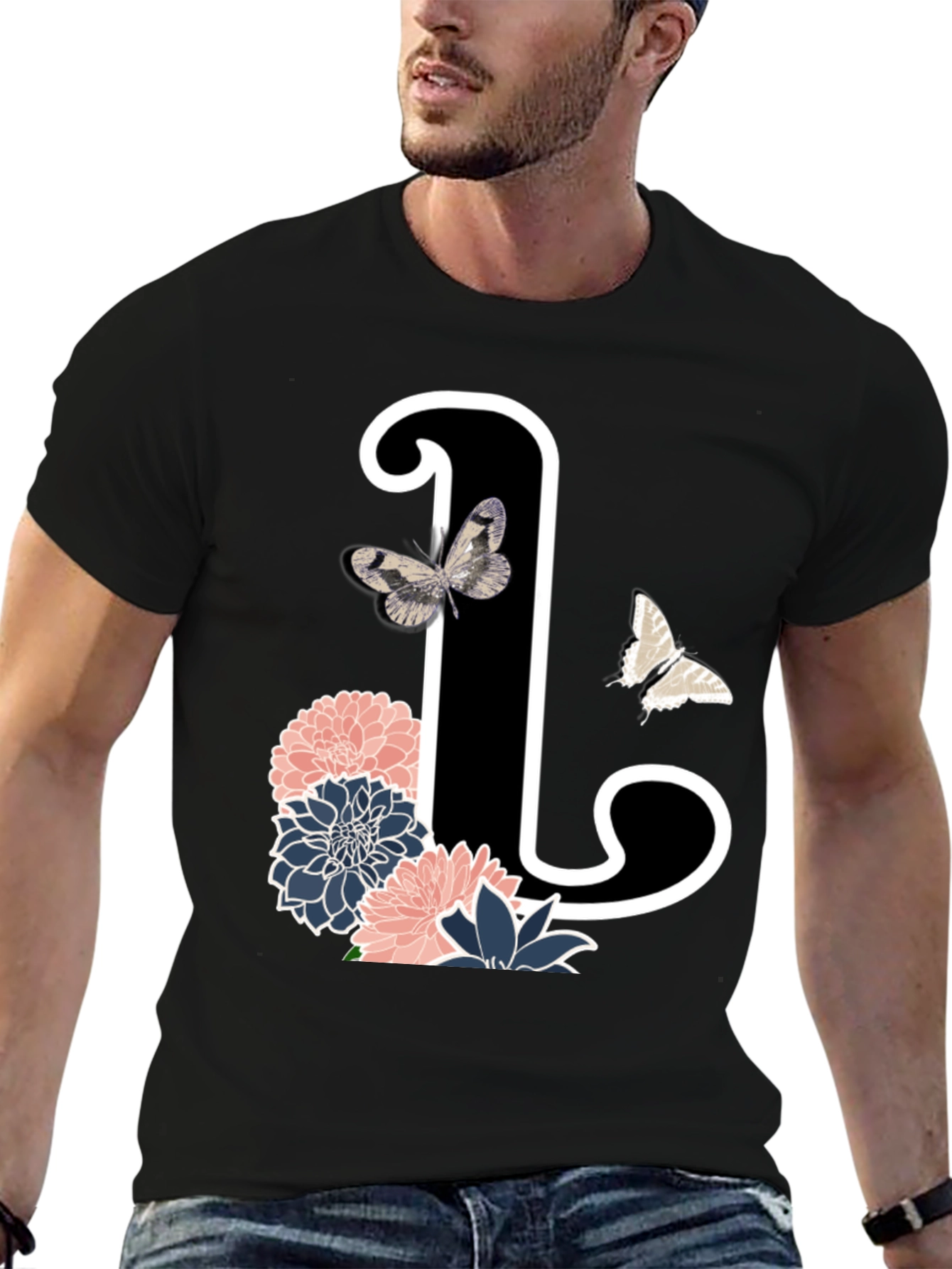 Black Floral Initial 'L' Black T-Shirt view 6