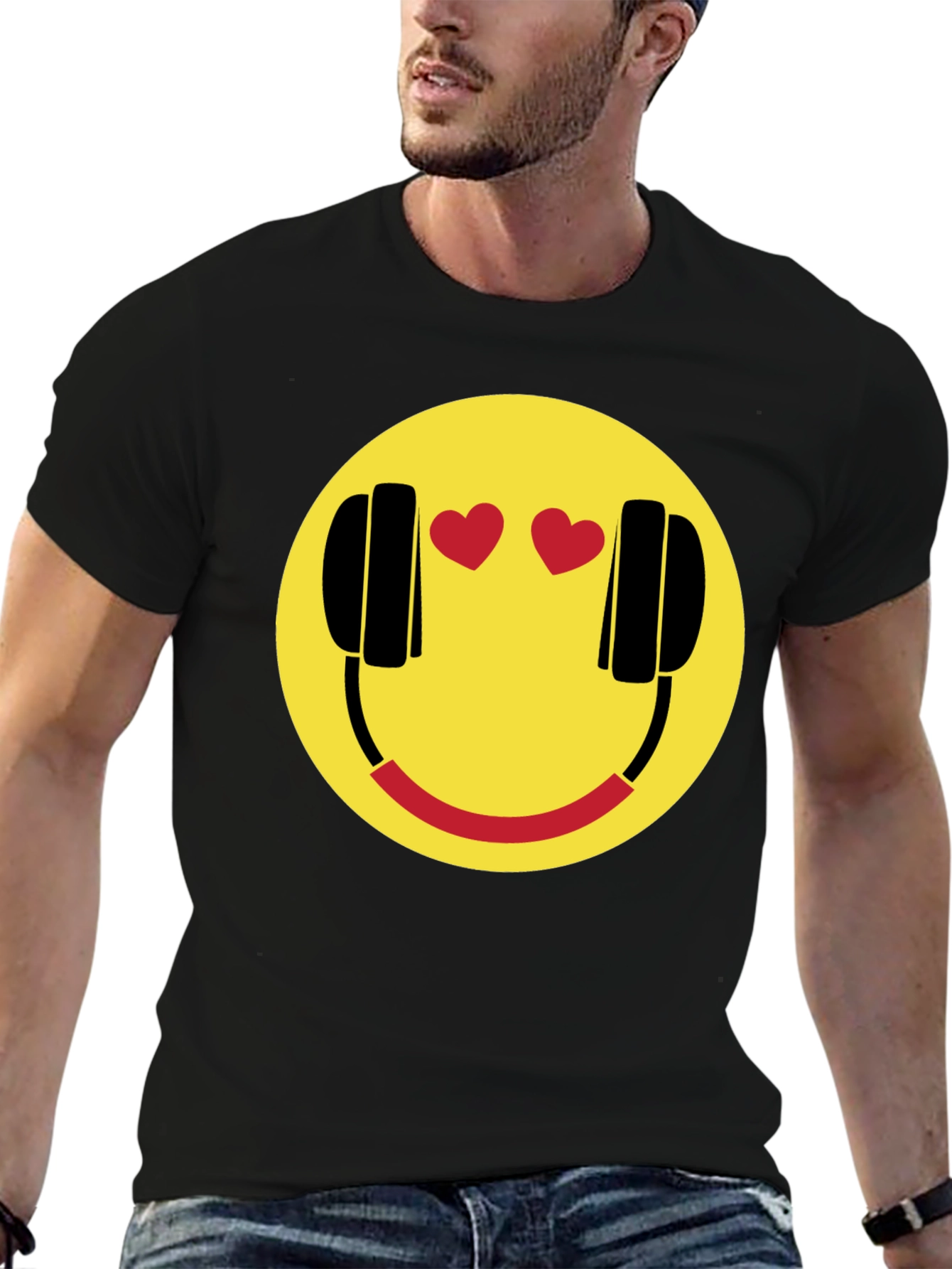 Black Smiley Face with Headphone Hearts T-Shirt view 6