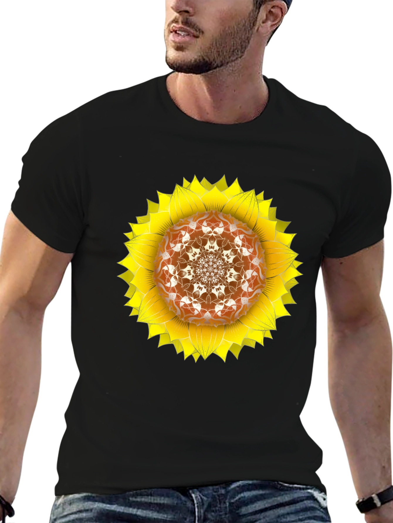 Black Sunflower Mandala Black T-Shirt view 6