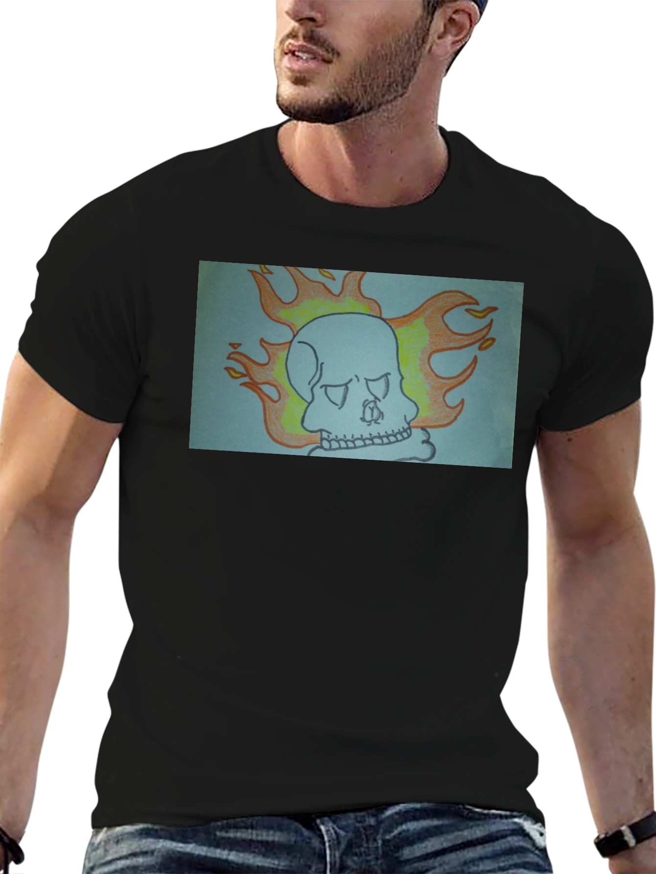Black Flaming Skull Graphic Tee - Black Cotton view 6