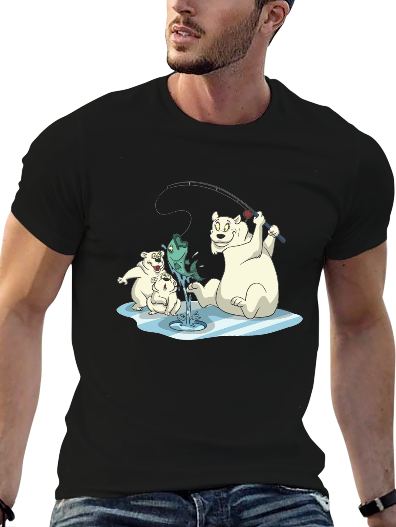 Black Polar Bear Fishing T-Shirt view 6