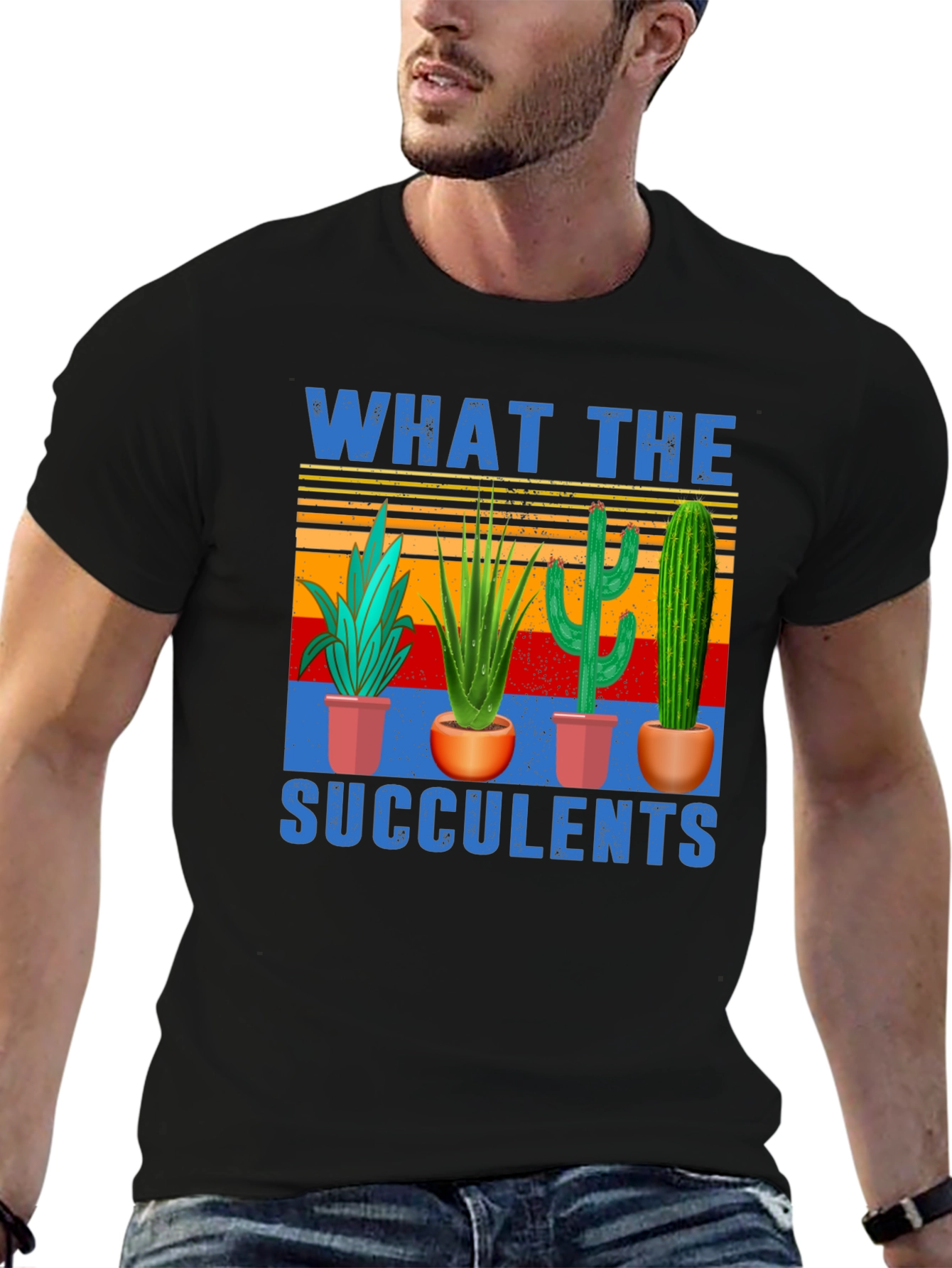Black What The Succulents T-Shirt | Novelty Graphic Tee view 6