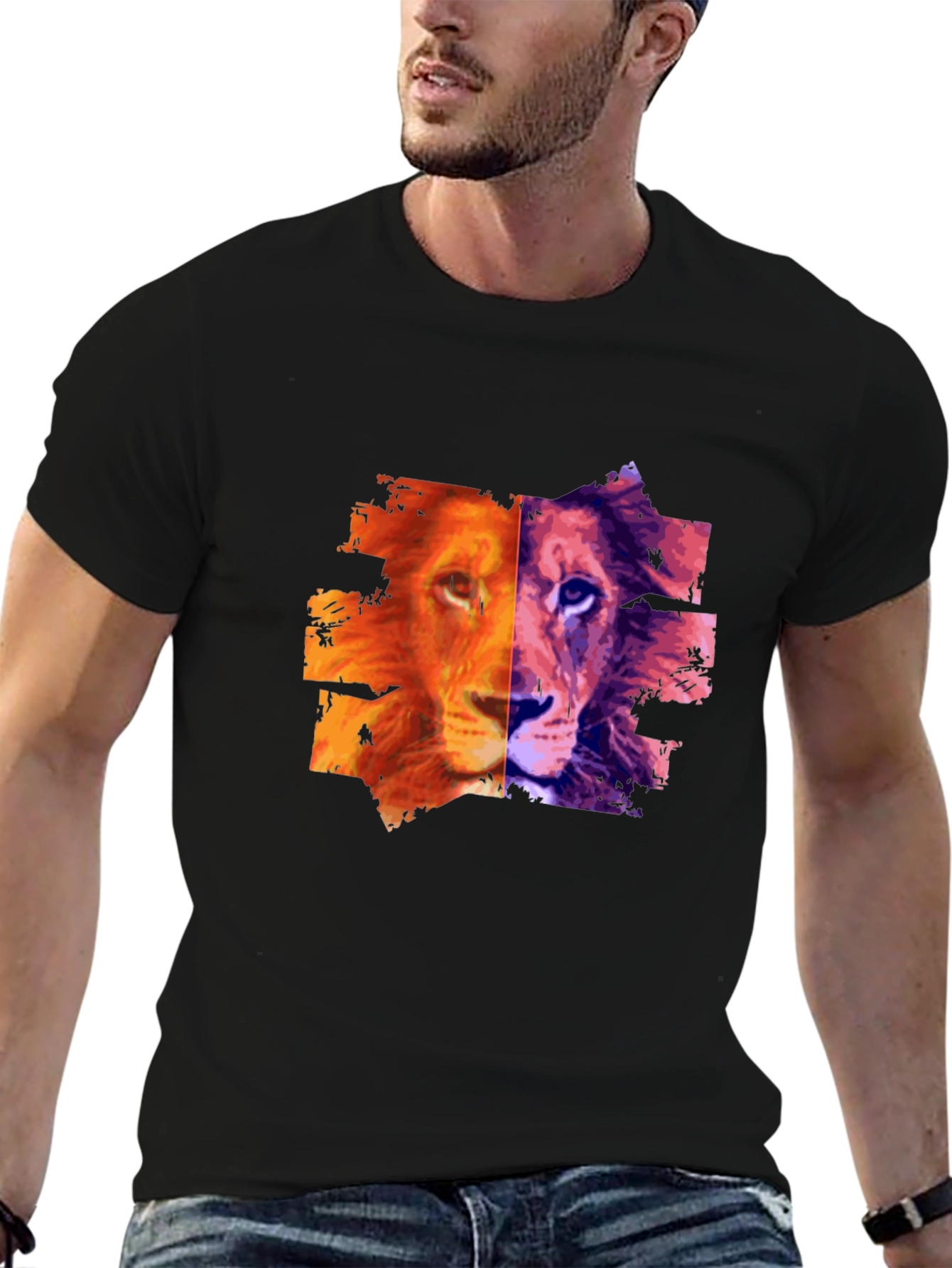 Black Lion Split Face Graphic Print Black T-Shirt view 6