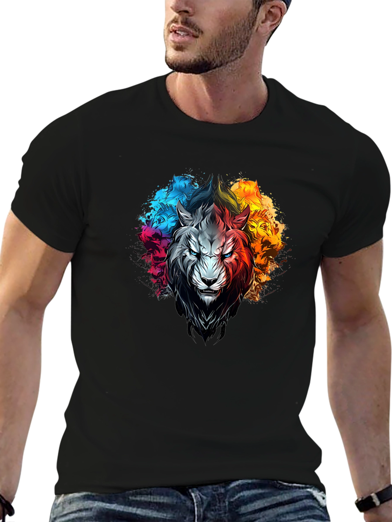 Black Colorful Lion Graphic Print T-Shirt view 6