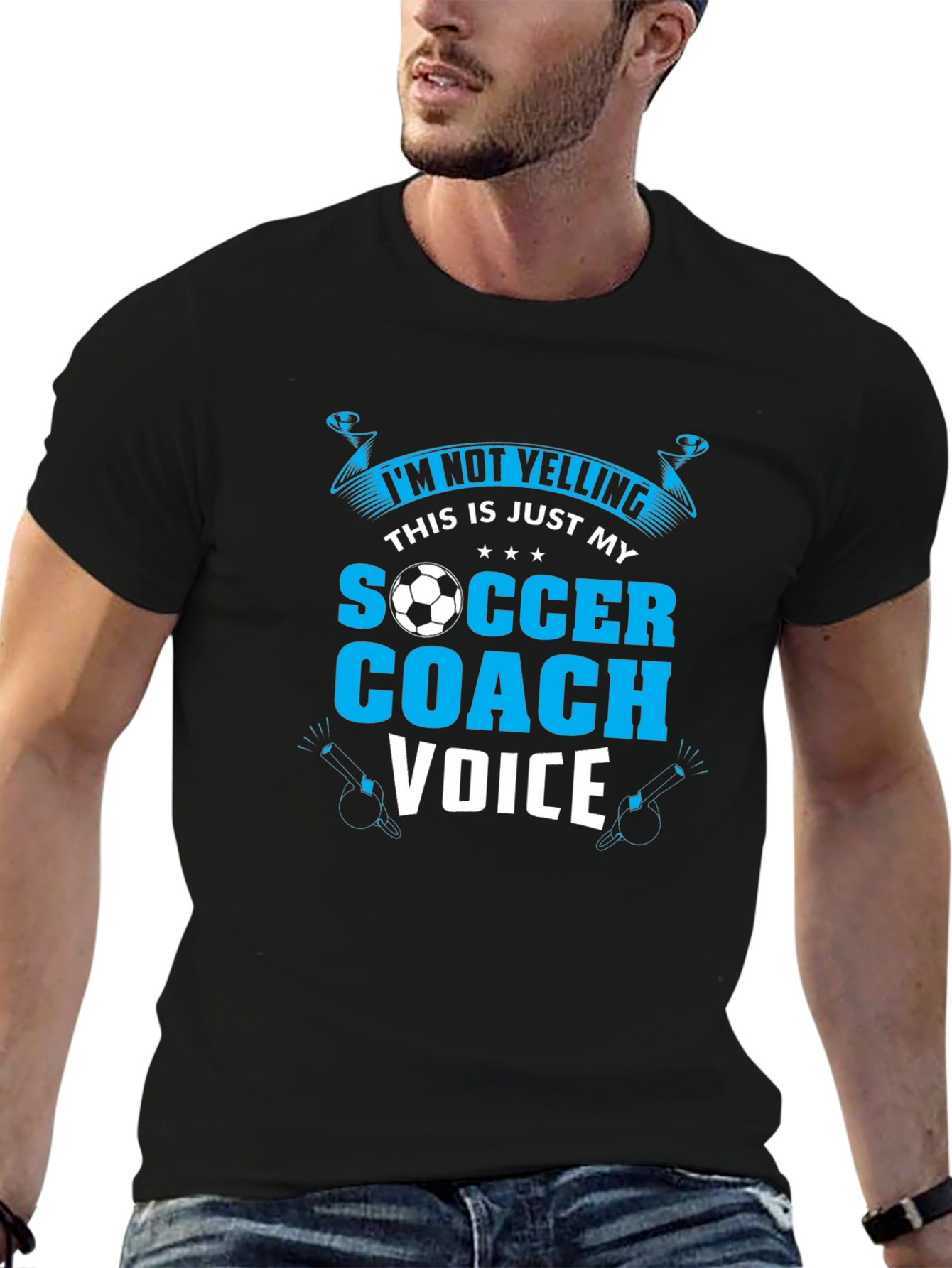 Black Soccer Coach T-Shirt: I'm Not Yelling! view 6