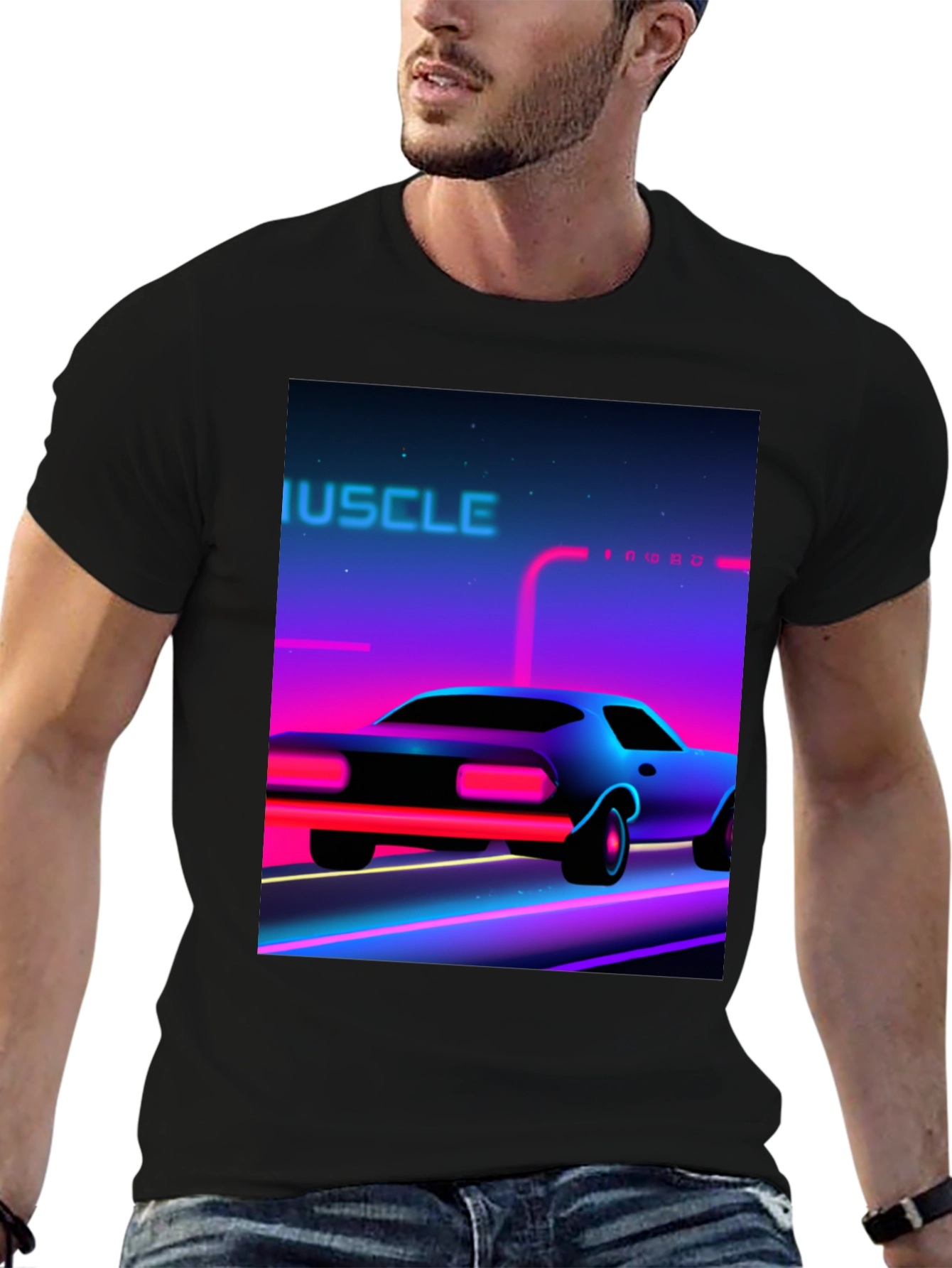 Black Retro Muscle Car Graphic Tee - Black Cotton T-Shirt view 6