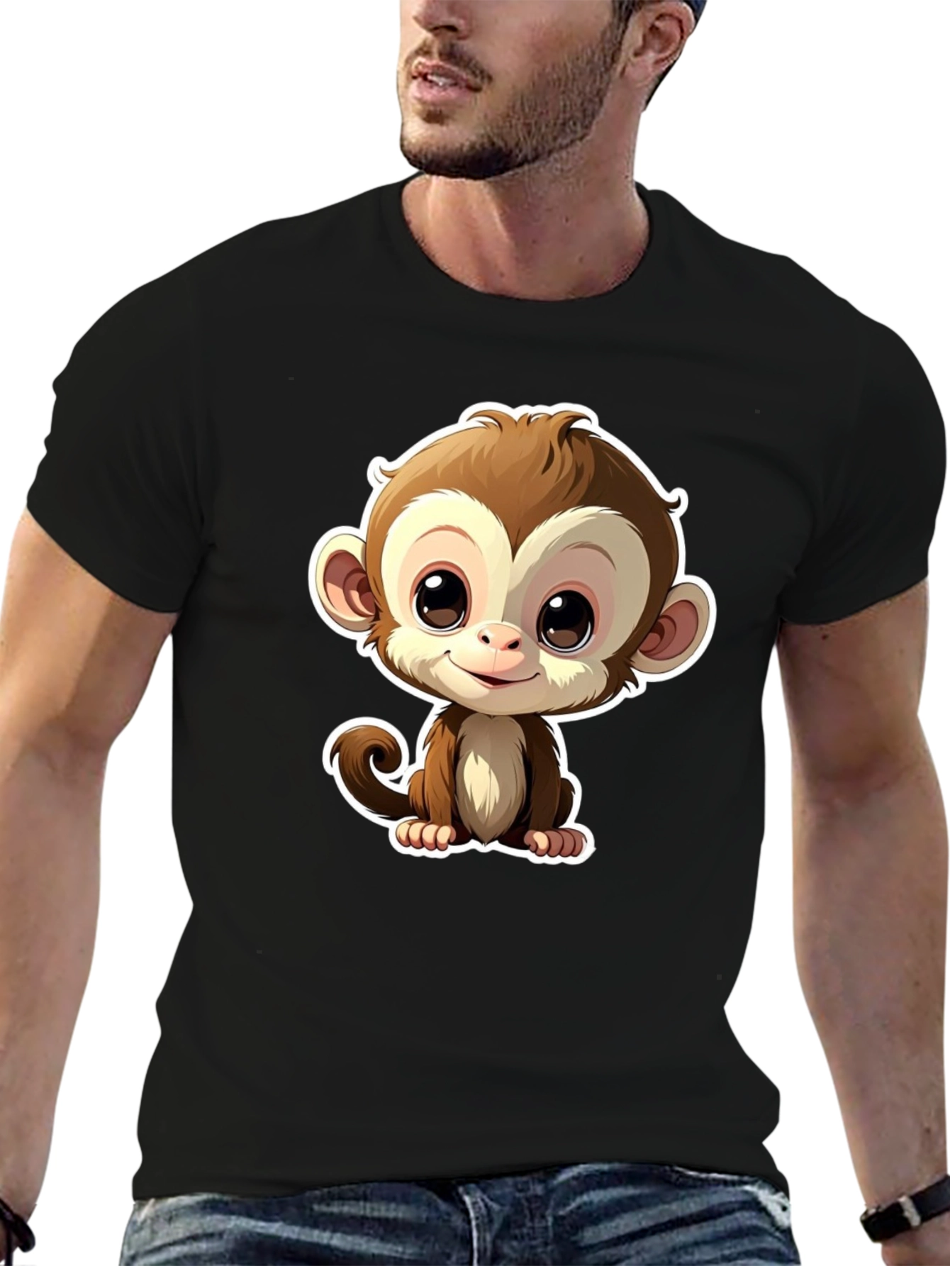Black Cute Monkey Graphic Tee - Black Casual T-Shirt view 6