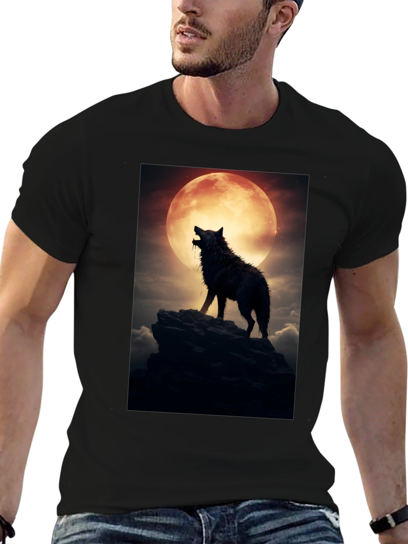 Black Wolf Howling at Moon Graphic Tee view 6