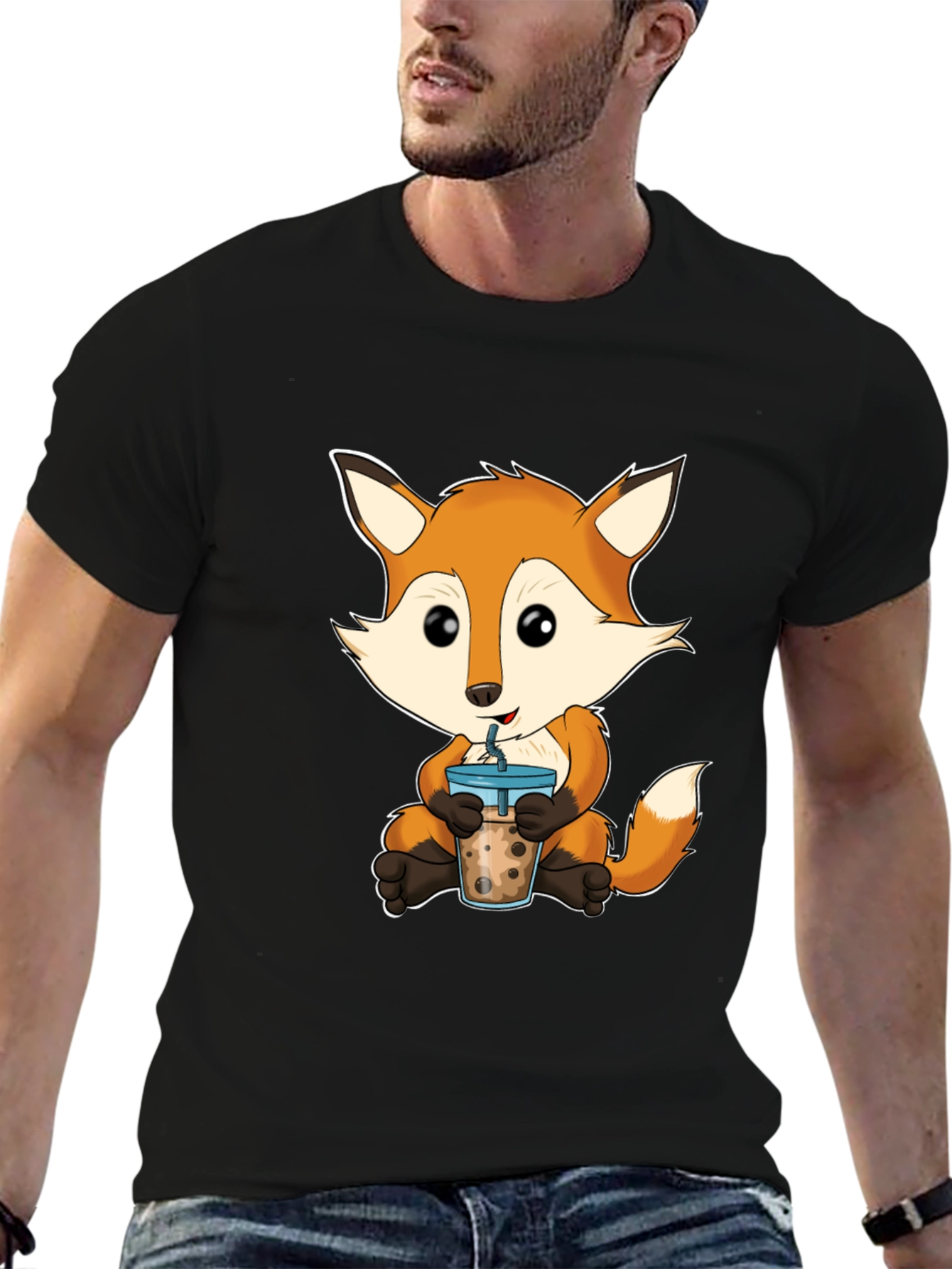 Black Cute Fox Boba Tea Graphic T-Shirt view 6