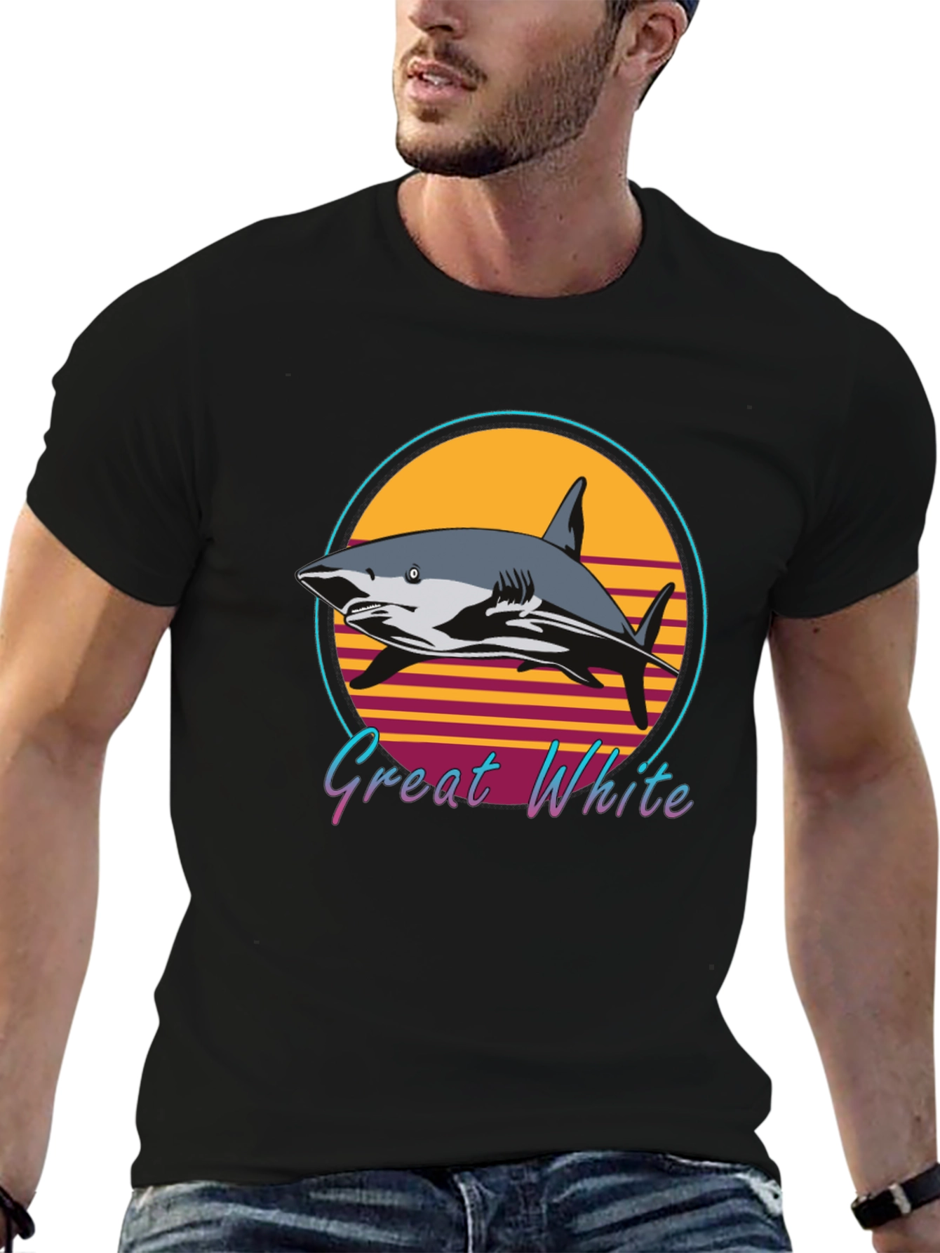 Black Great White Shark Retro Style T-Shirt view 6