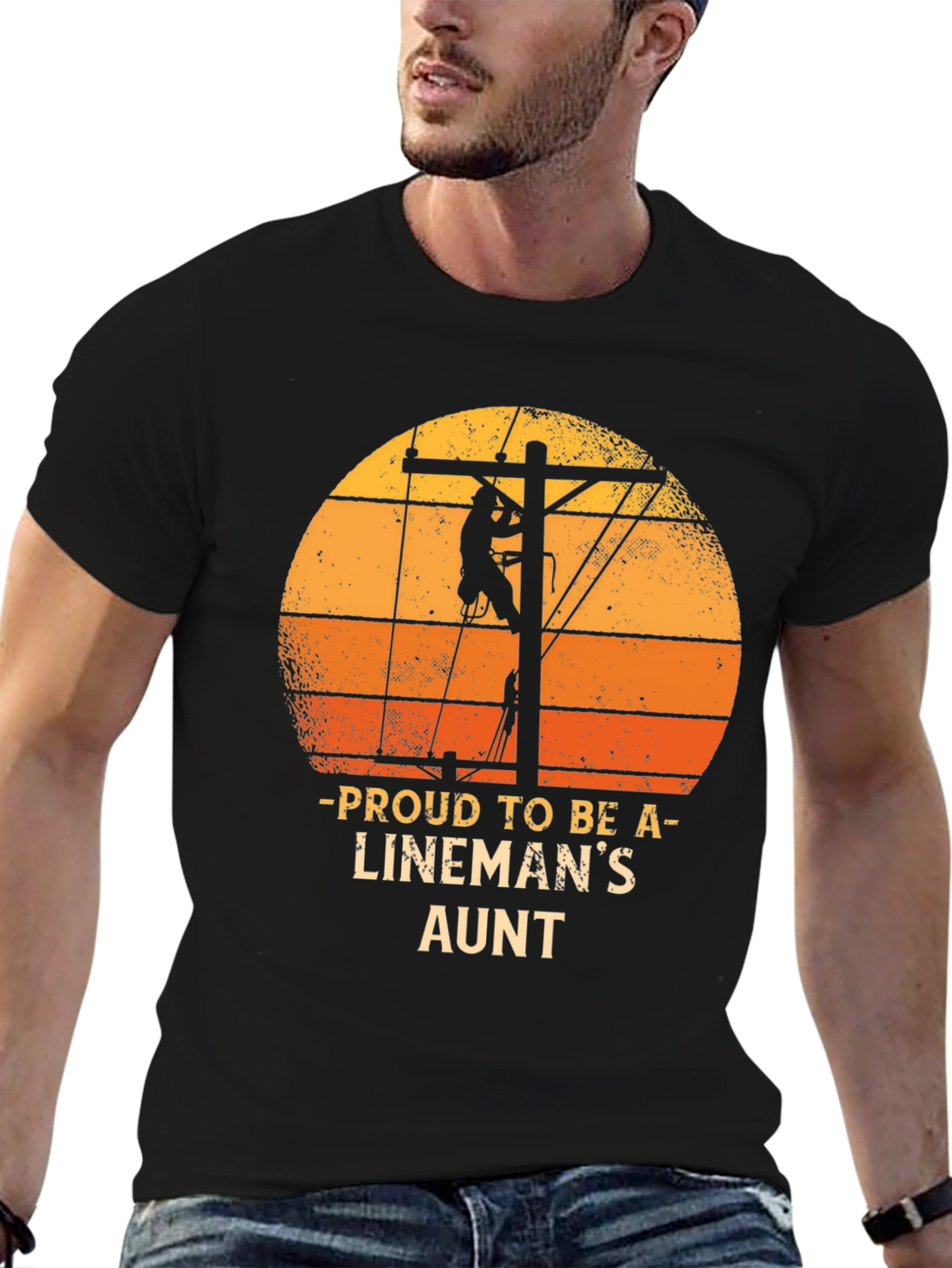 Black Proud Lineman's Aunt T-Shirt Retro Sunset Lineworker Tee view 6