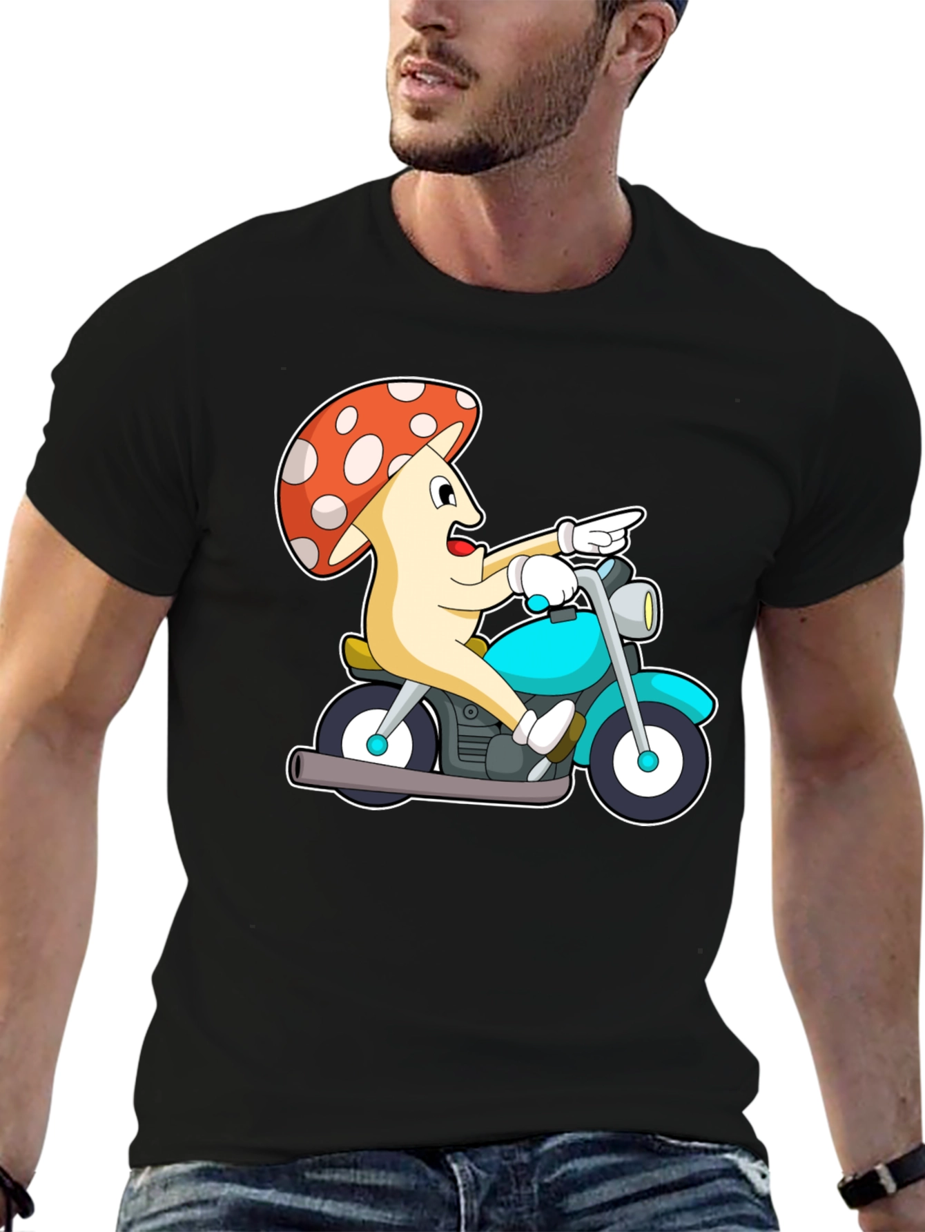 Black Mushroom Rider Graphic Tee - Black Cotton T-Shirt view 6