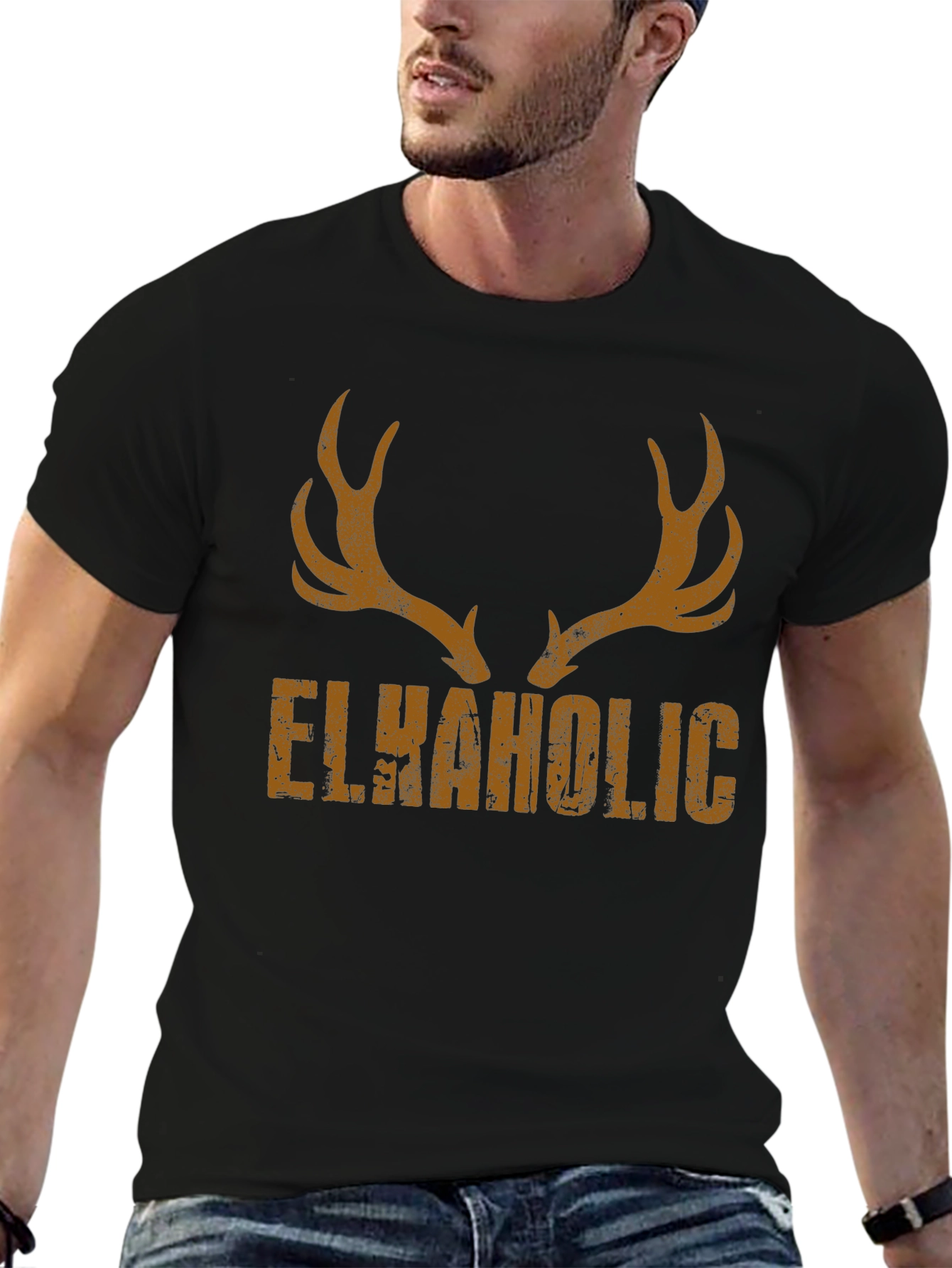 Black Elkaholic Funny Hunting T-Shirt view 6