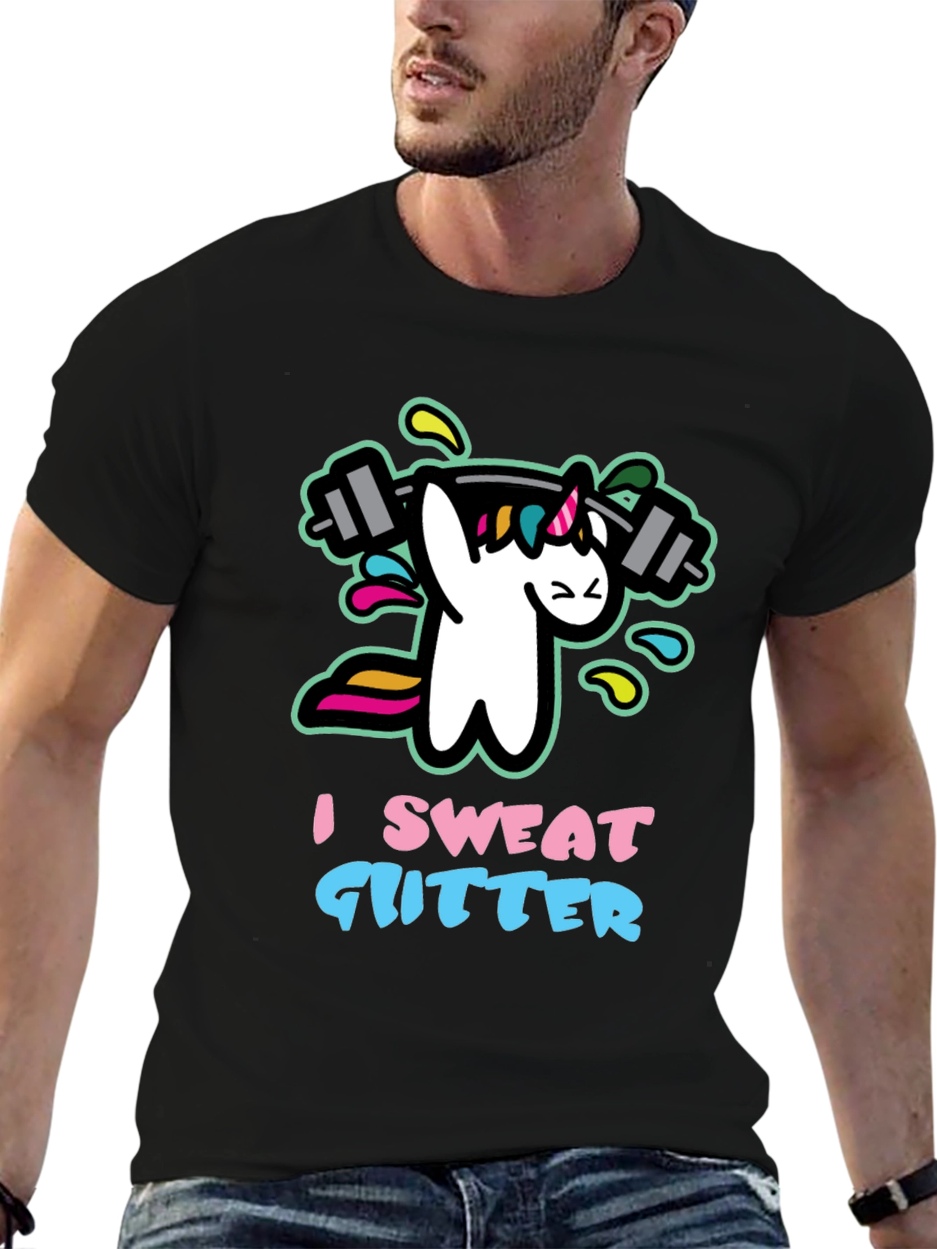 Black I Sweat Glitter Unicorn Gym Black T-Shirt view 6