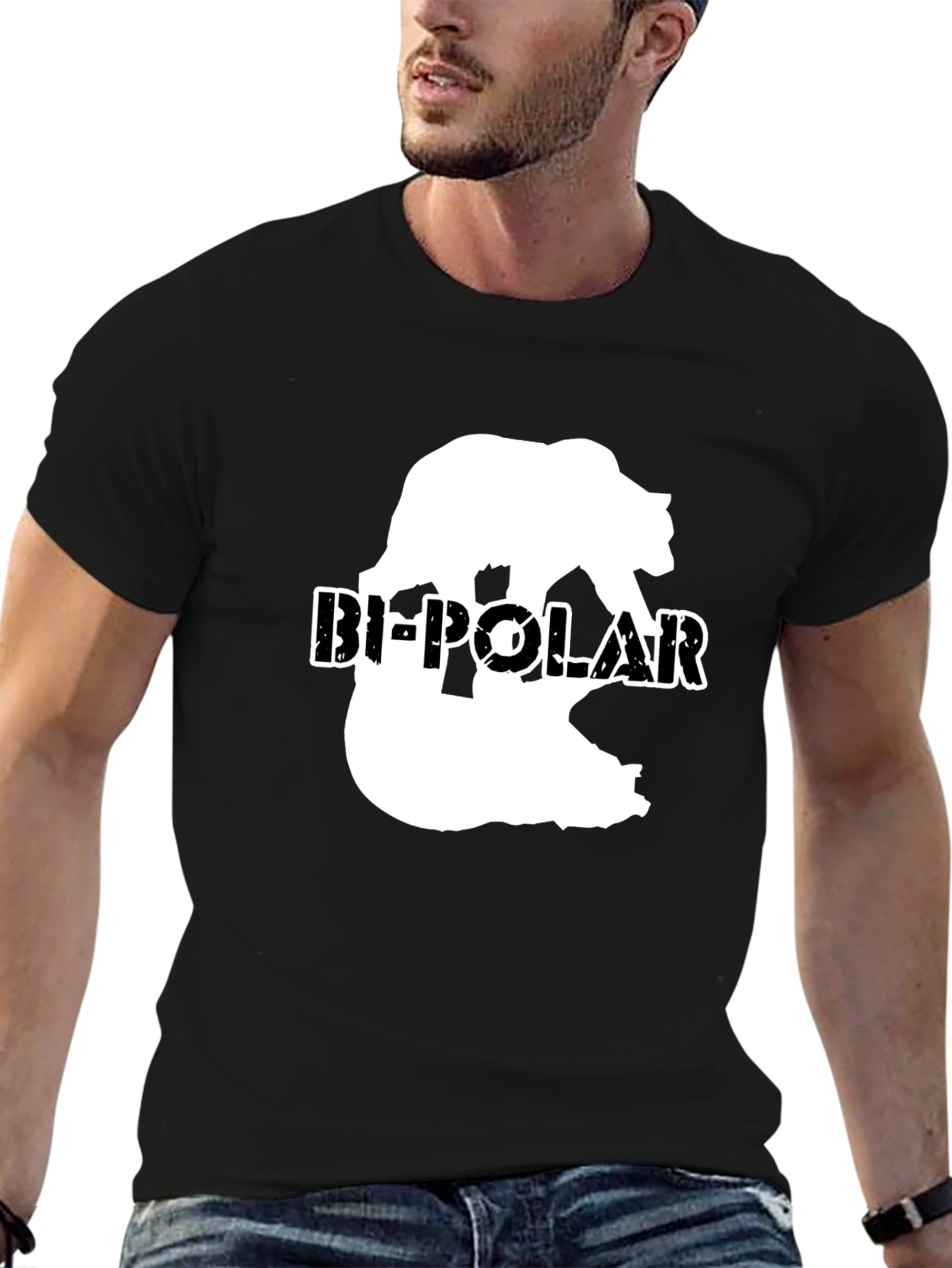 Black Bi-Polar Bear Graphic Print Black T-Shirt view 6