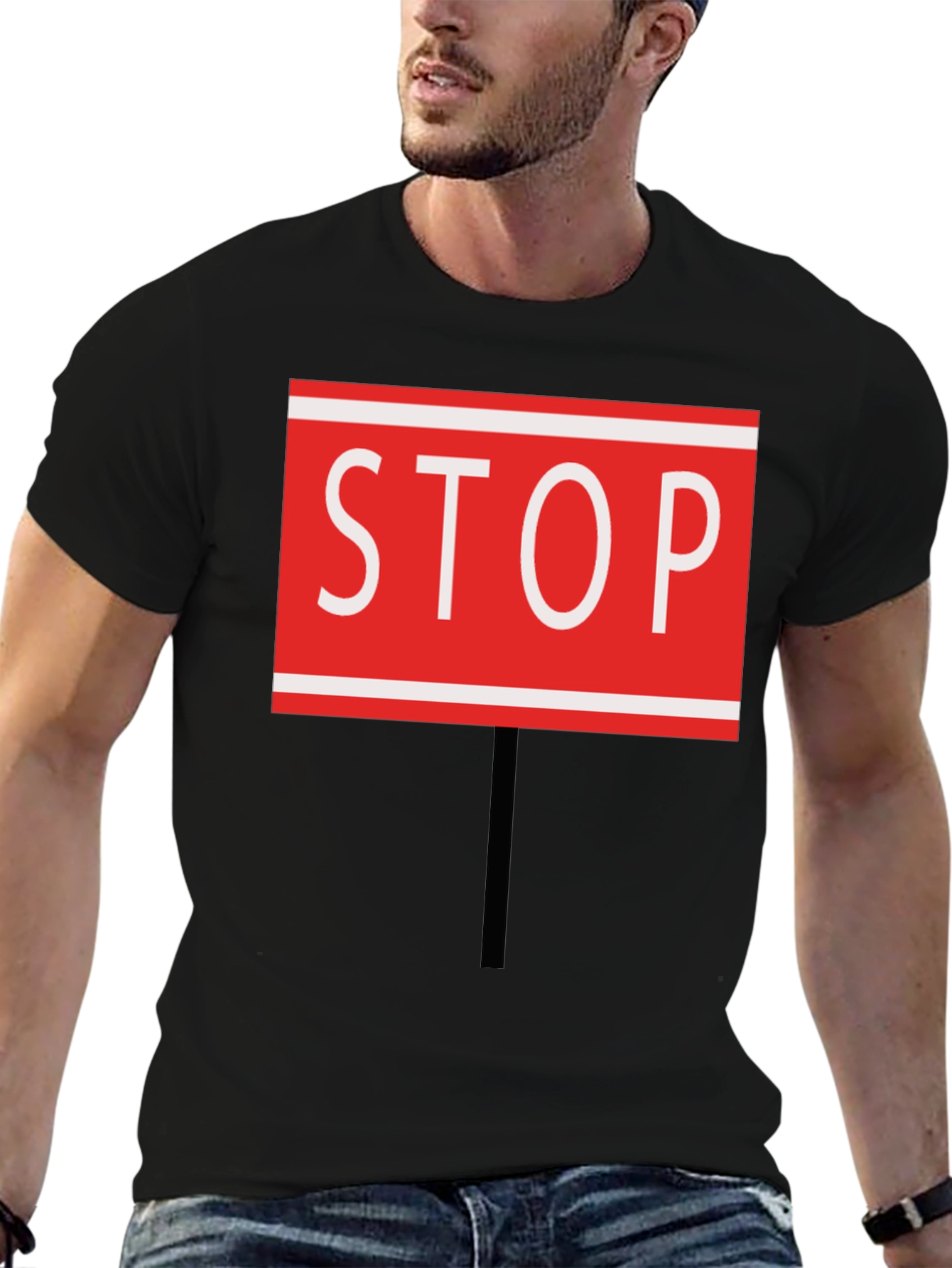Black Stop Sign Graphic Tee - Black Cotton Blend view 6