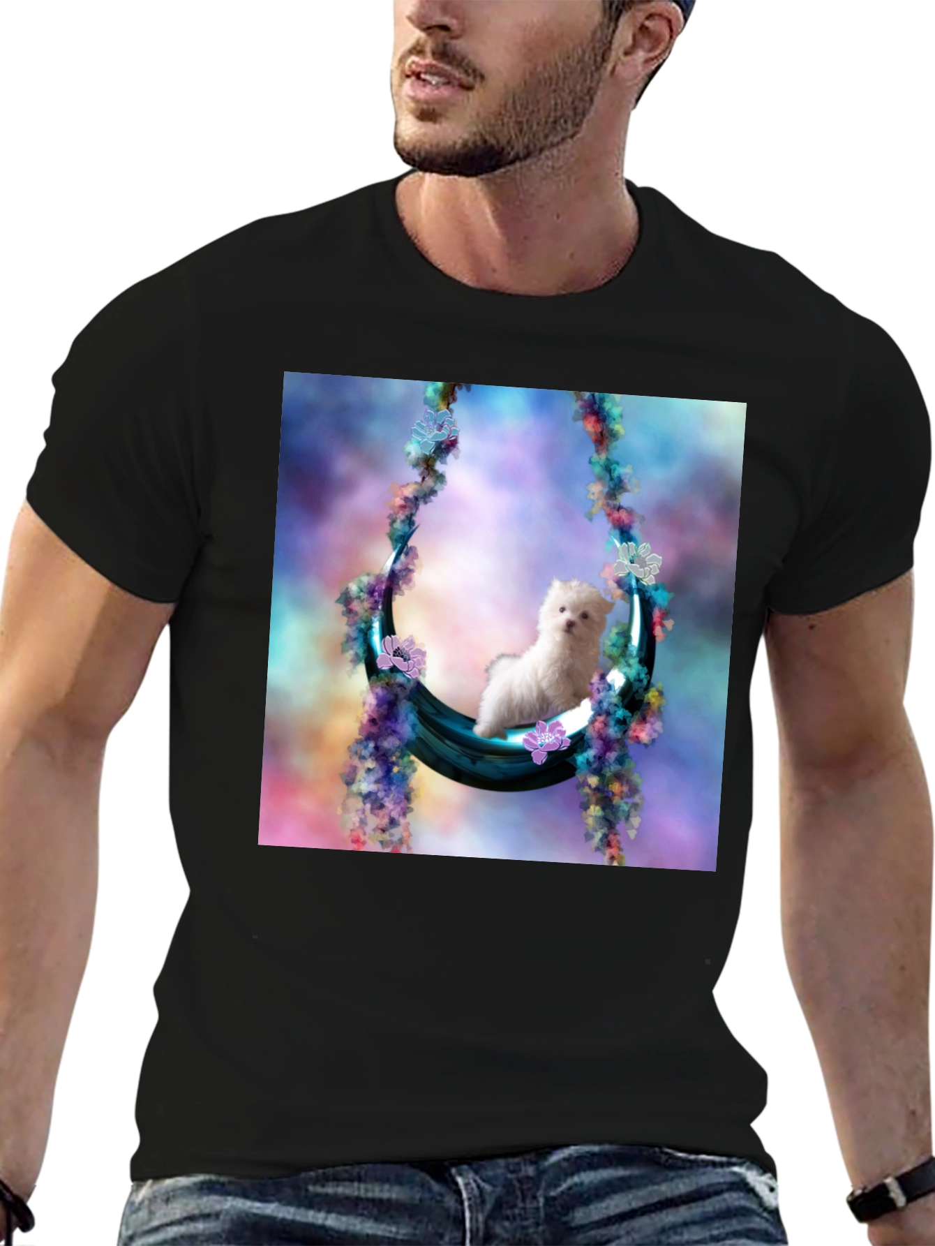 Black Cute Puppy in Floral Swing Black T-Shirt view 6