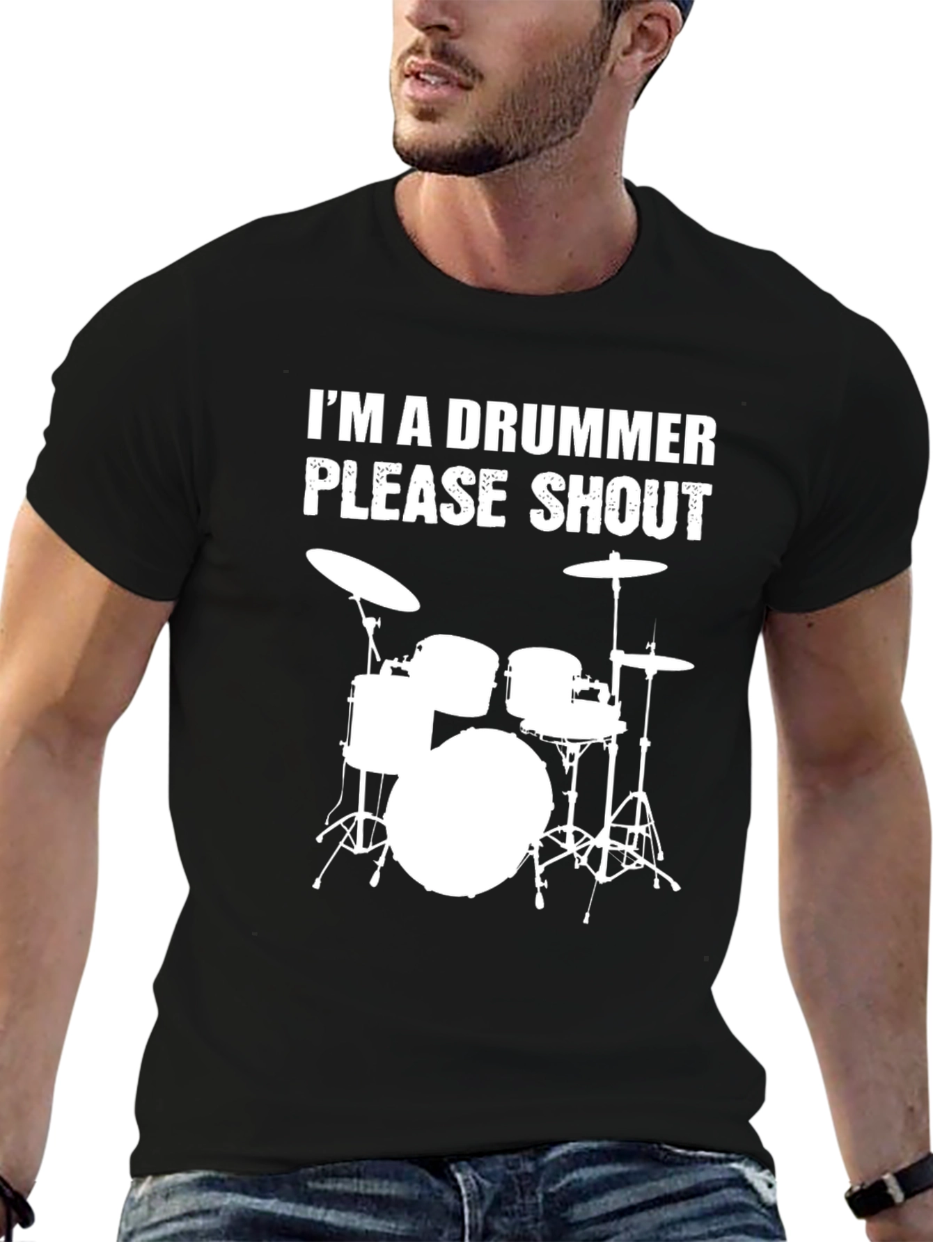 Black I'm a Drummer Please Shout T-Shirt view 6