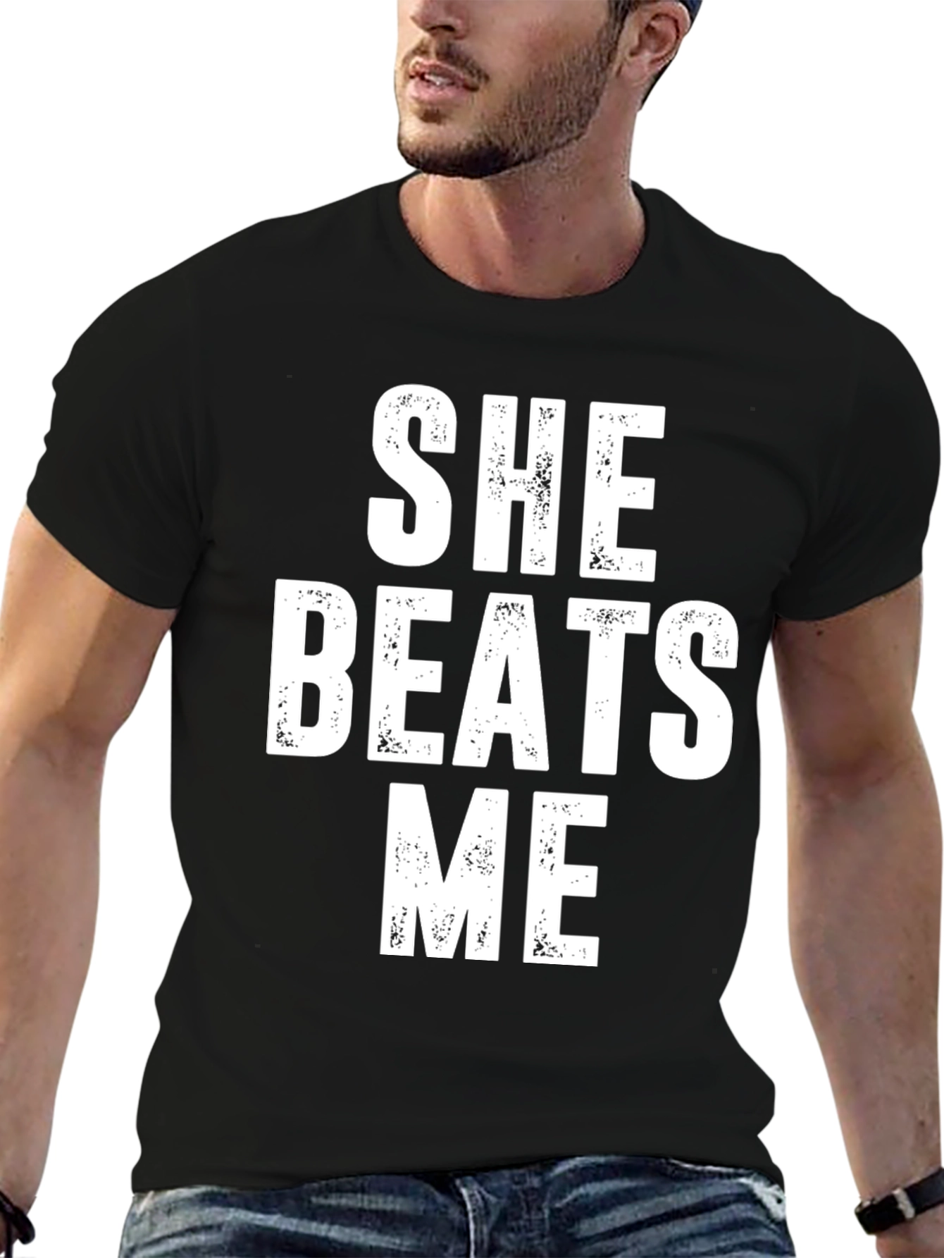 Black She Beats Me Funny T-Shirt view 6