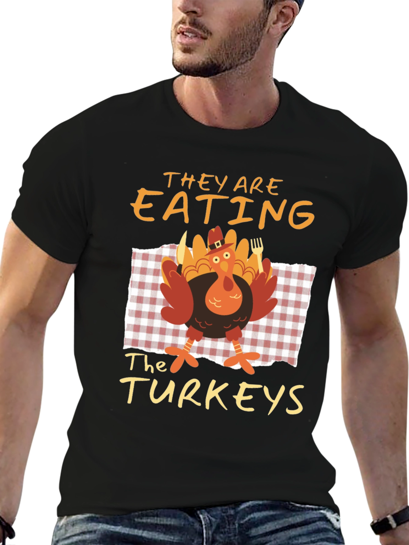 Black Funny Thanksgiving "Eating the Turkeys" Graphic Tee view 6