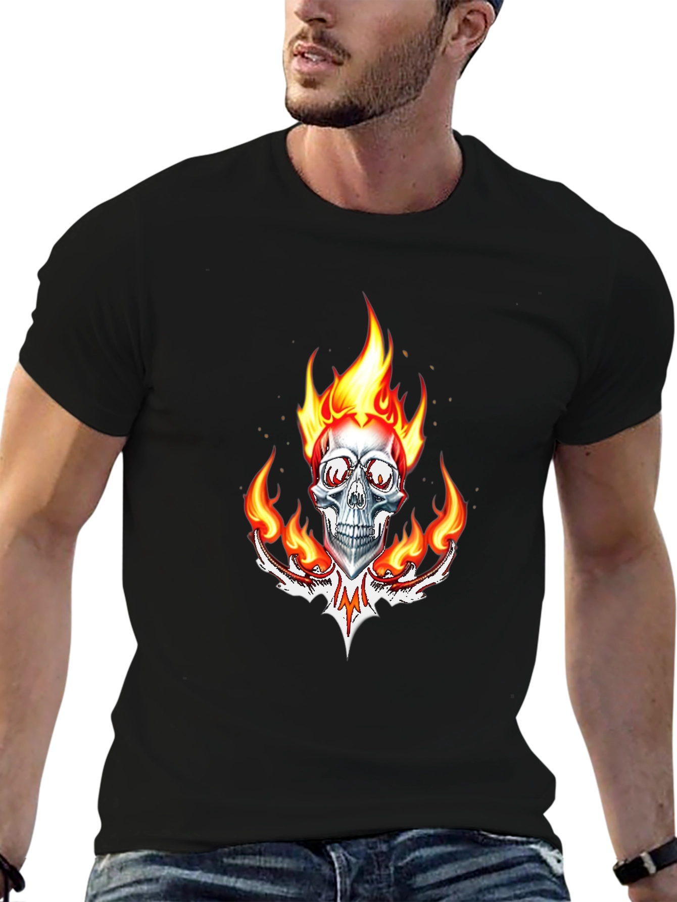 Black Flaming Skull Graphic Tee - Black Cotton view 6