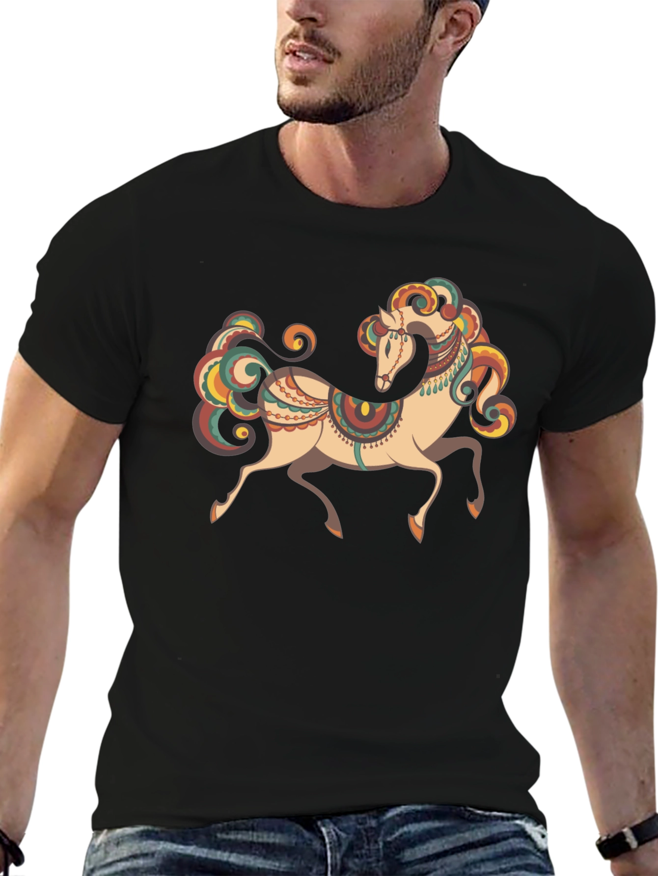 Black Men's Black T-Shirt with Horse Graphic view 6