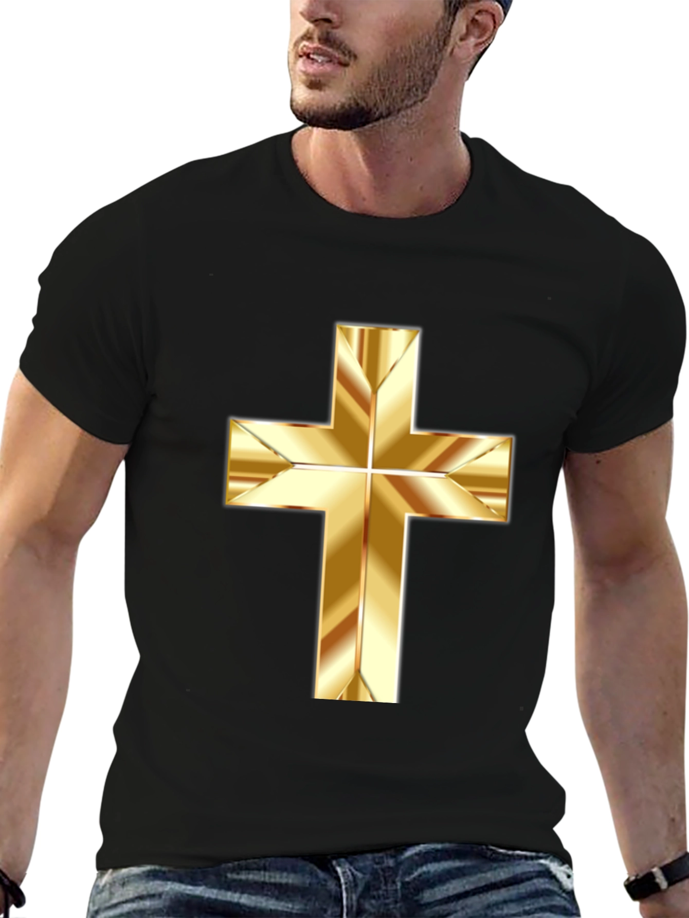 Black Gold Cross Graphic Print Black T-Shirt view 6