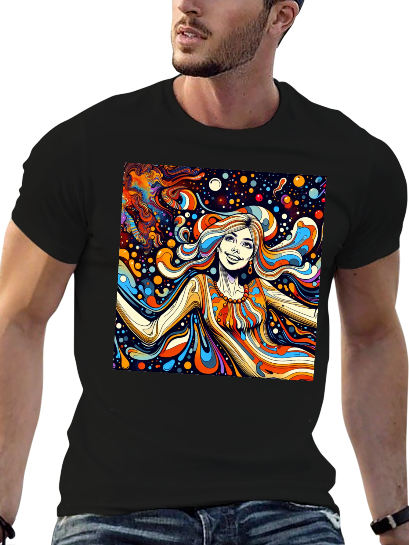 Black Psychedelic Art Tee: Vibrant Retro Style view 6