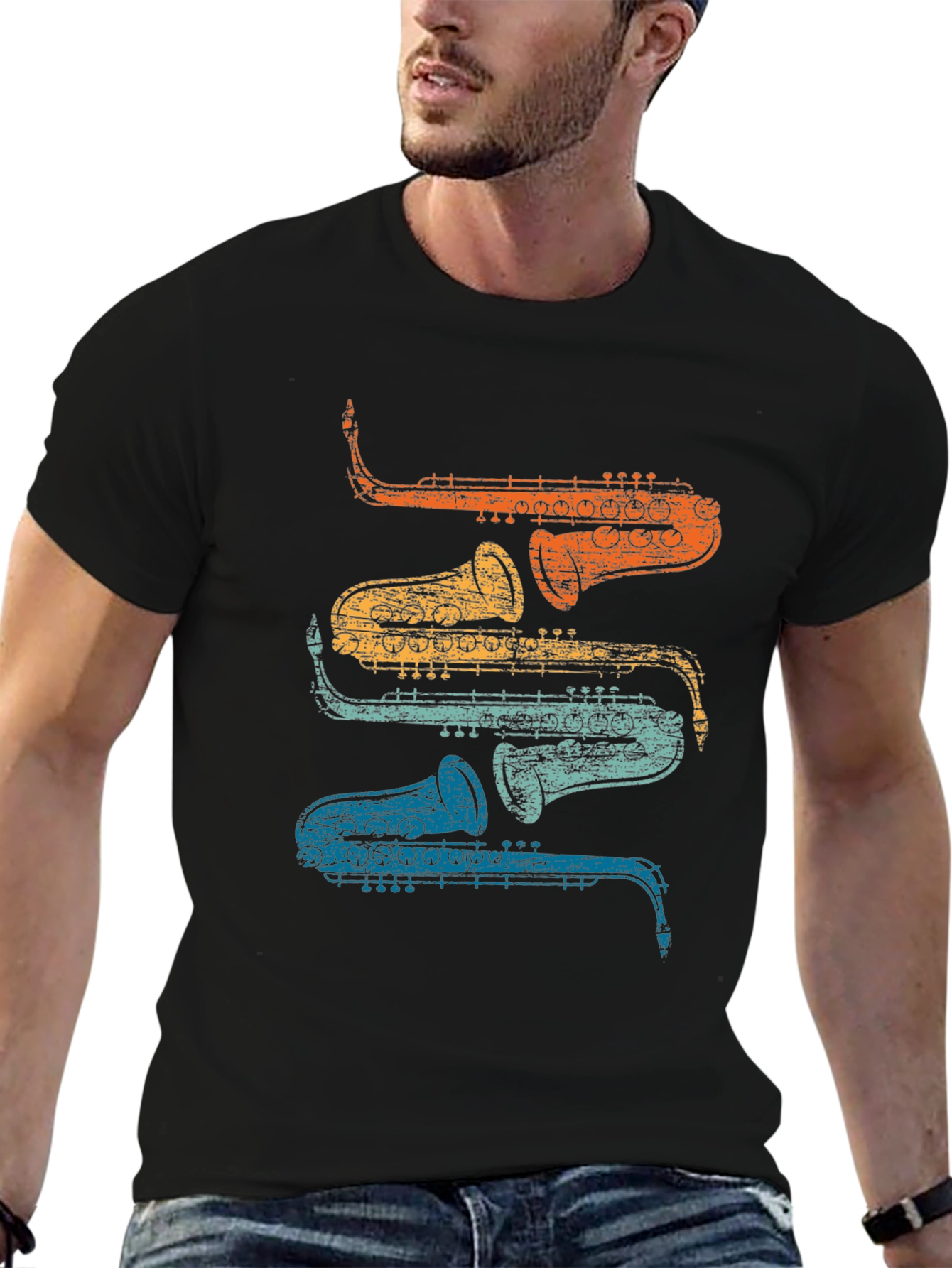 Black Retro Saxophone Stacked T-Shirt - Cool Musician Tee view 6