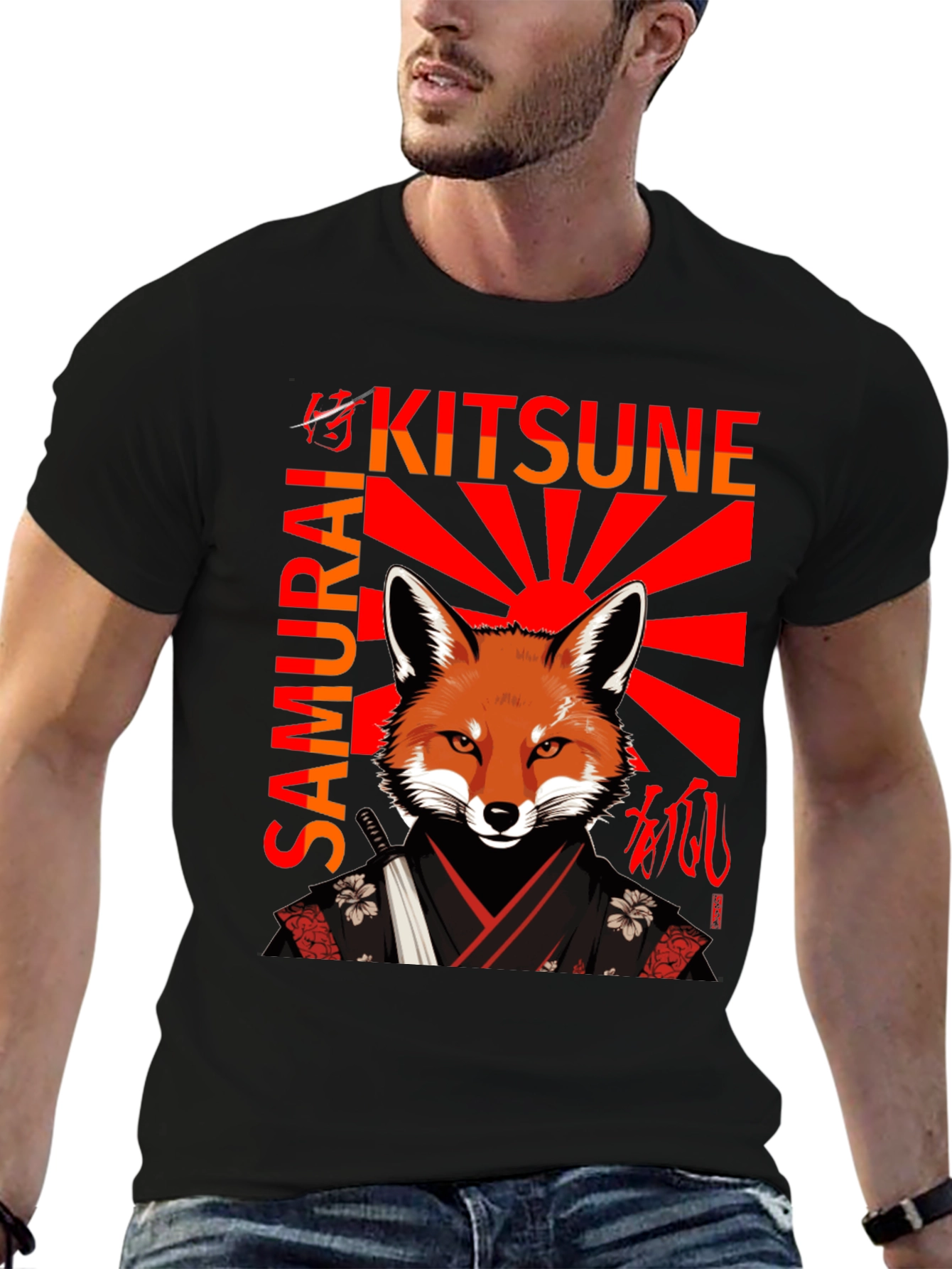 Black Samurai Kitsune T-Shirt Japanese Fox Warrior Design view 6
