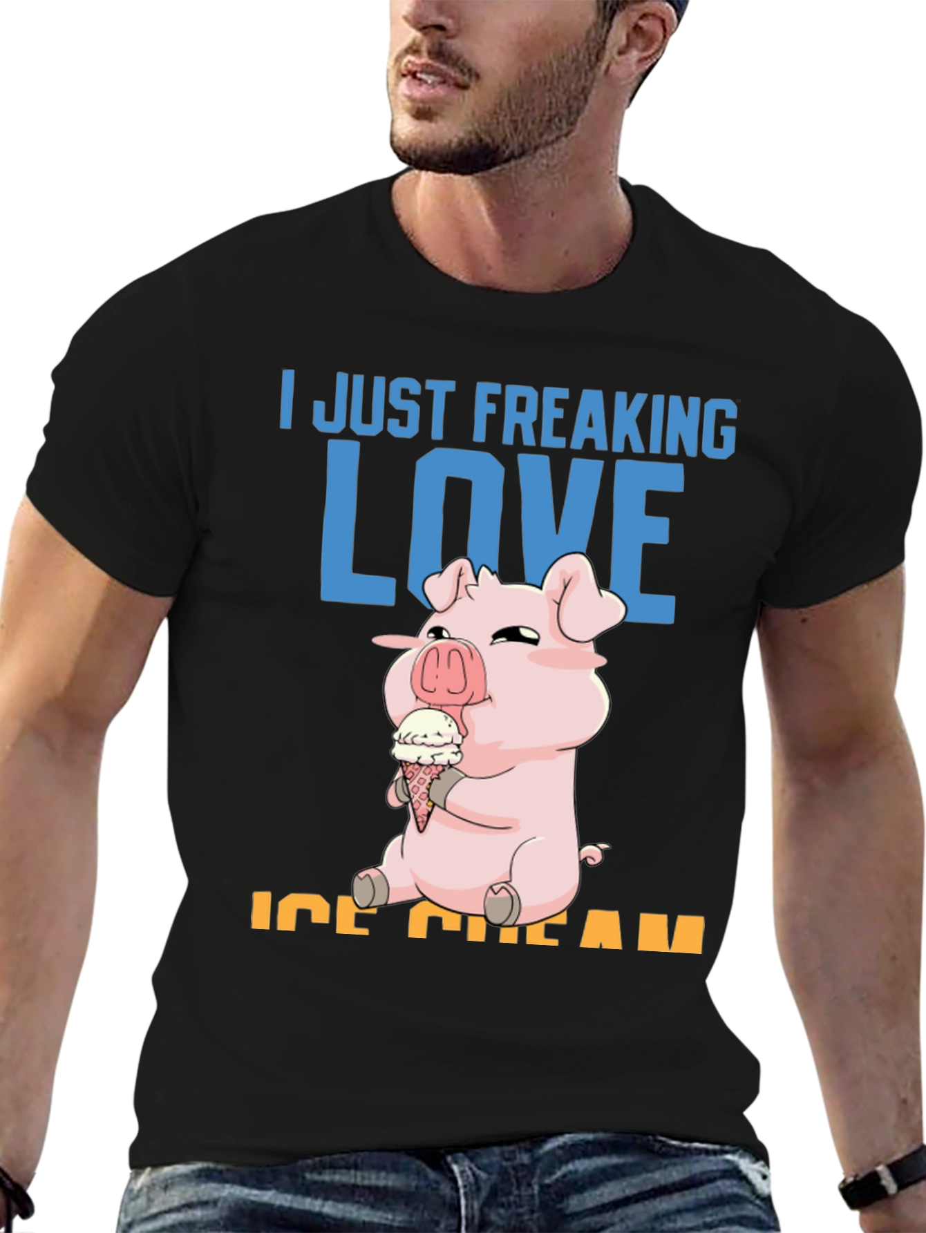 Black I Just Freaking Love Ice Cream Pig T-Shirt view 6