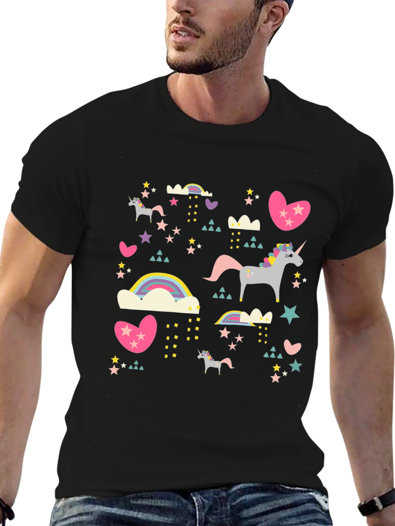 Black Unicorn & Rainbow Print Black T-Shirt view 6
