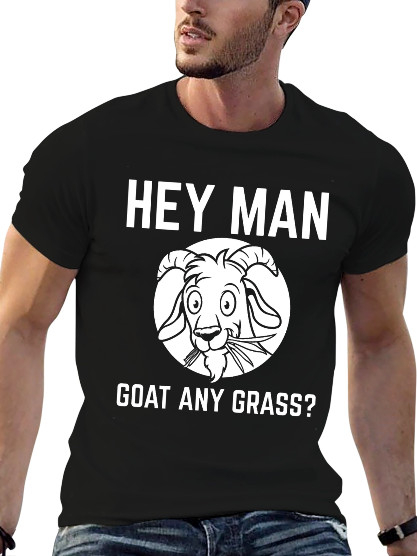 Black Hey Man Goat Any Grass Funny Black T-Shirt view 6