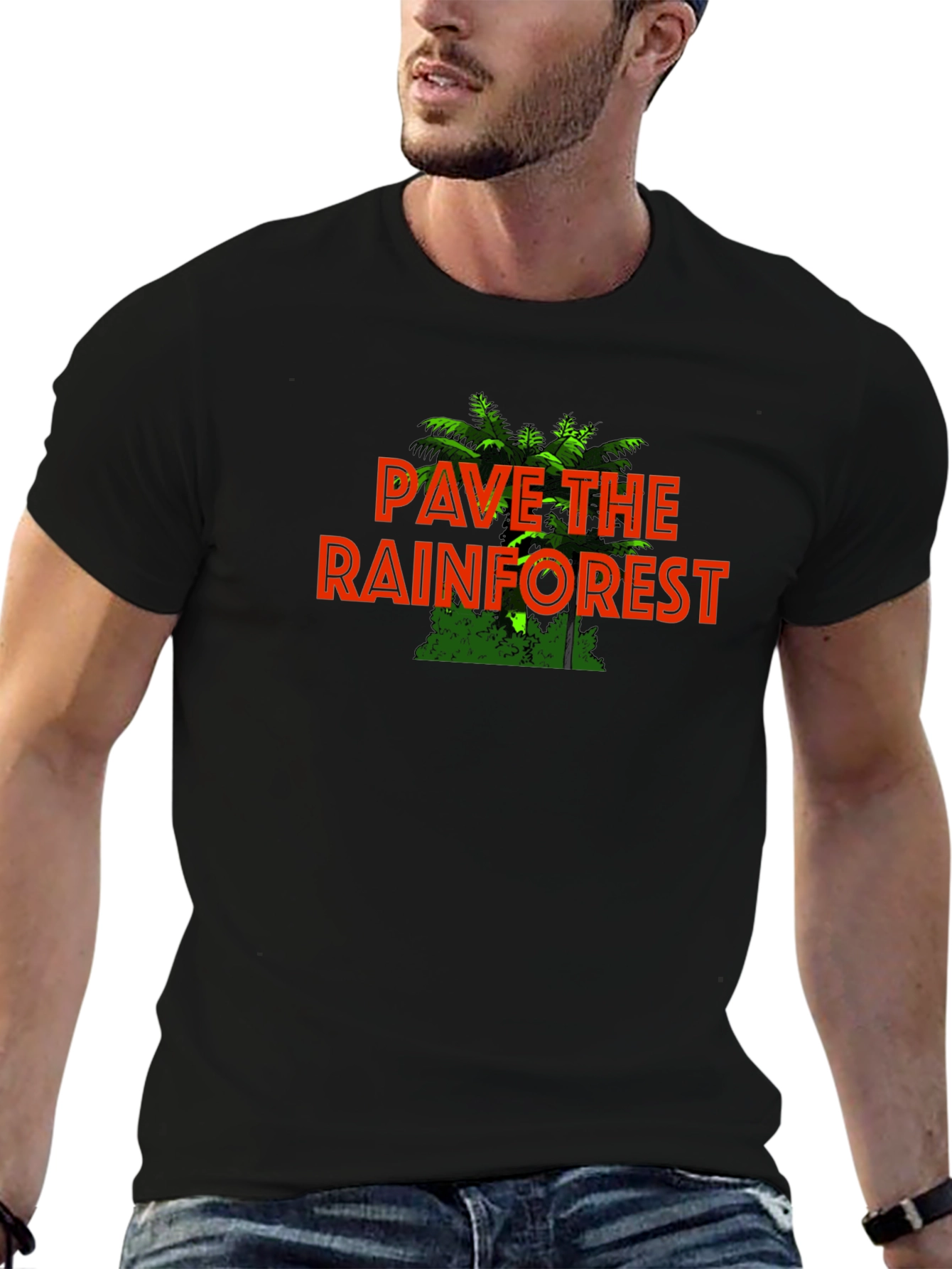 Black Pave the Rainforest Graphic Tee - Eco-Humor Black T-Shirt view 6