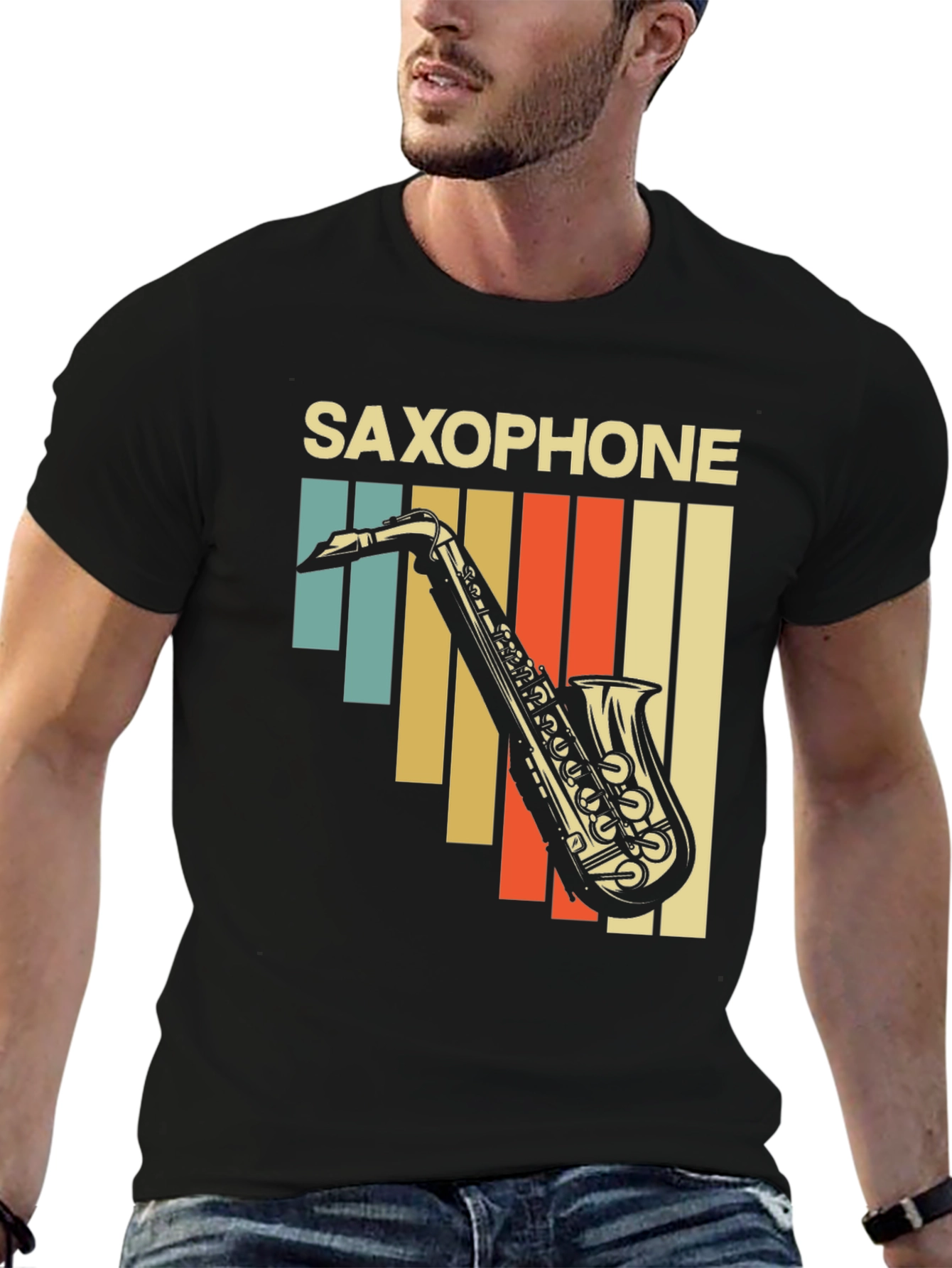 Black Retro Saxophone Graphic T-Shirt - Vintage Style Music Tee view 6