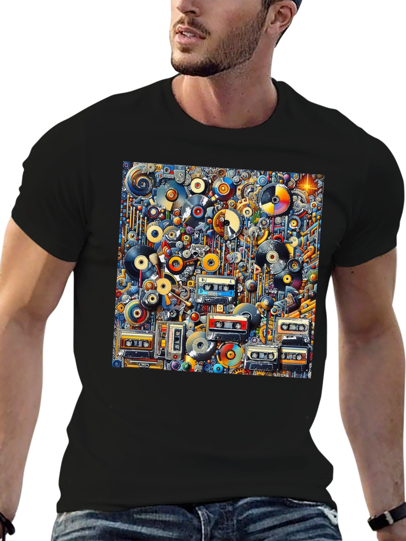 Black Retro Music T-Shirt: Vinyl, Cassettes, & Cool Design view 6