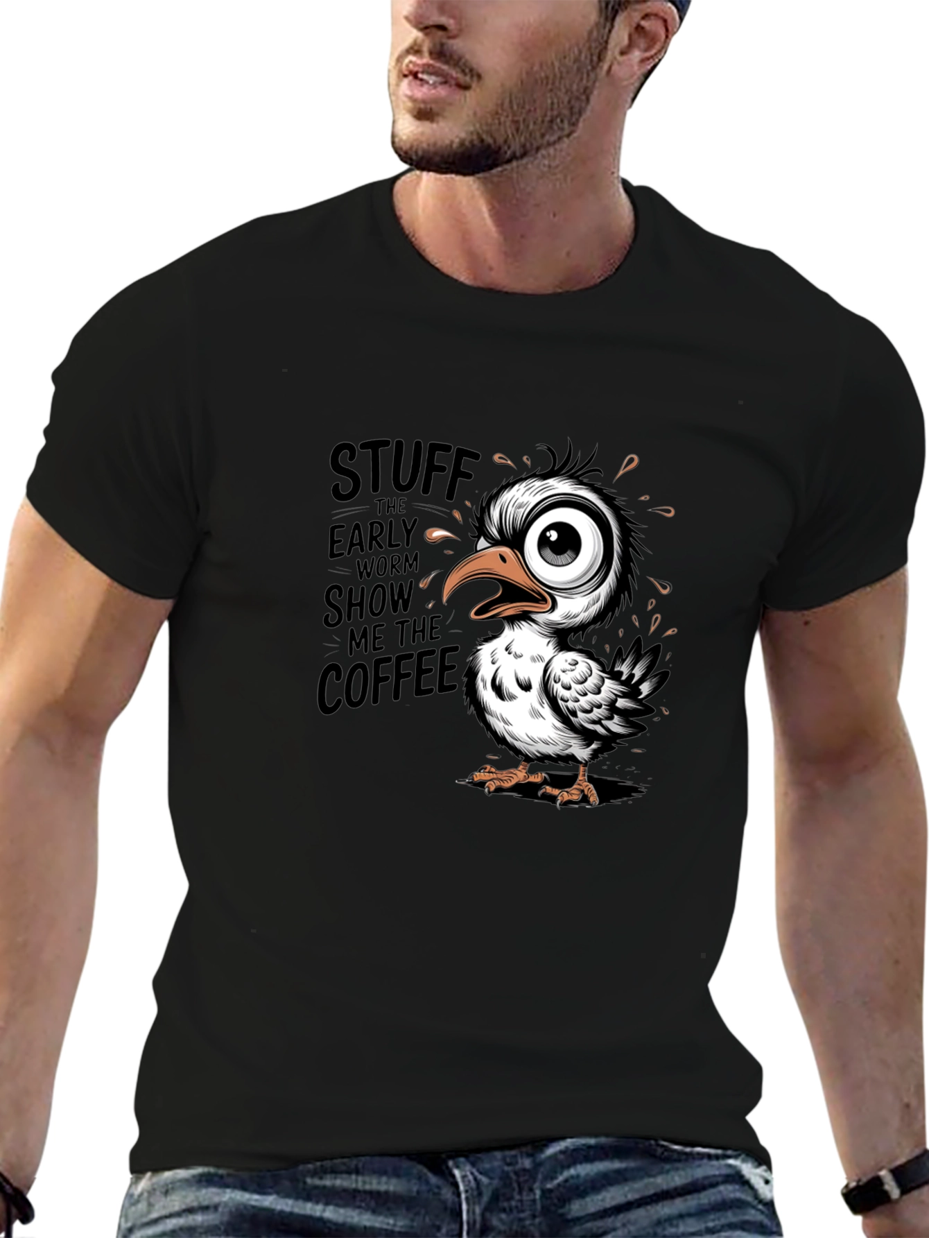 Black Funny Coffee Bird Graphic Black T-Shirt view 6