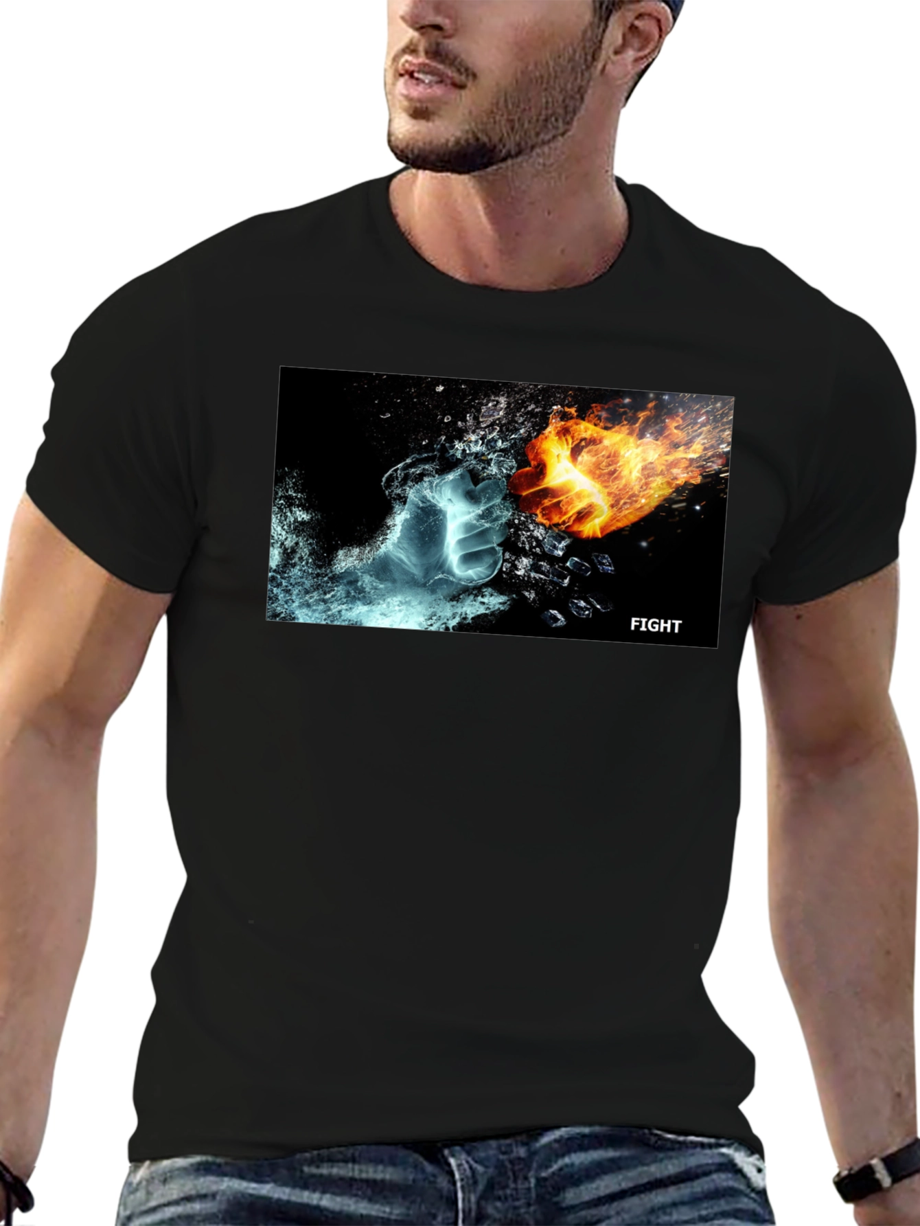 Black Fire & Ice Fight T-Shirt - Cool Graphic Tee view 6