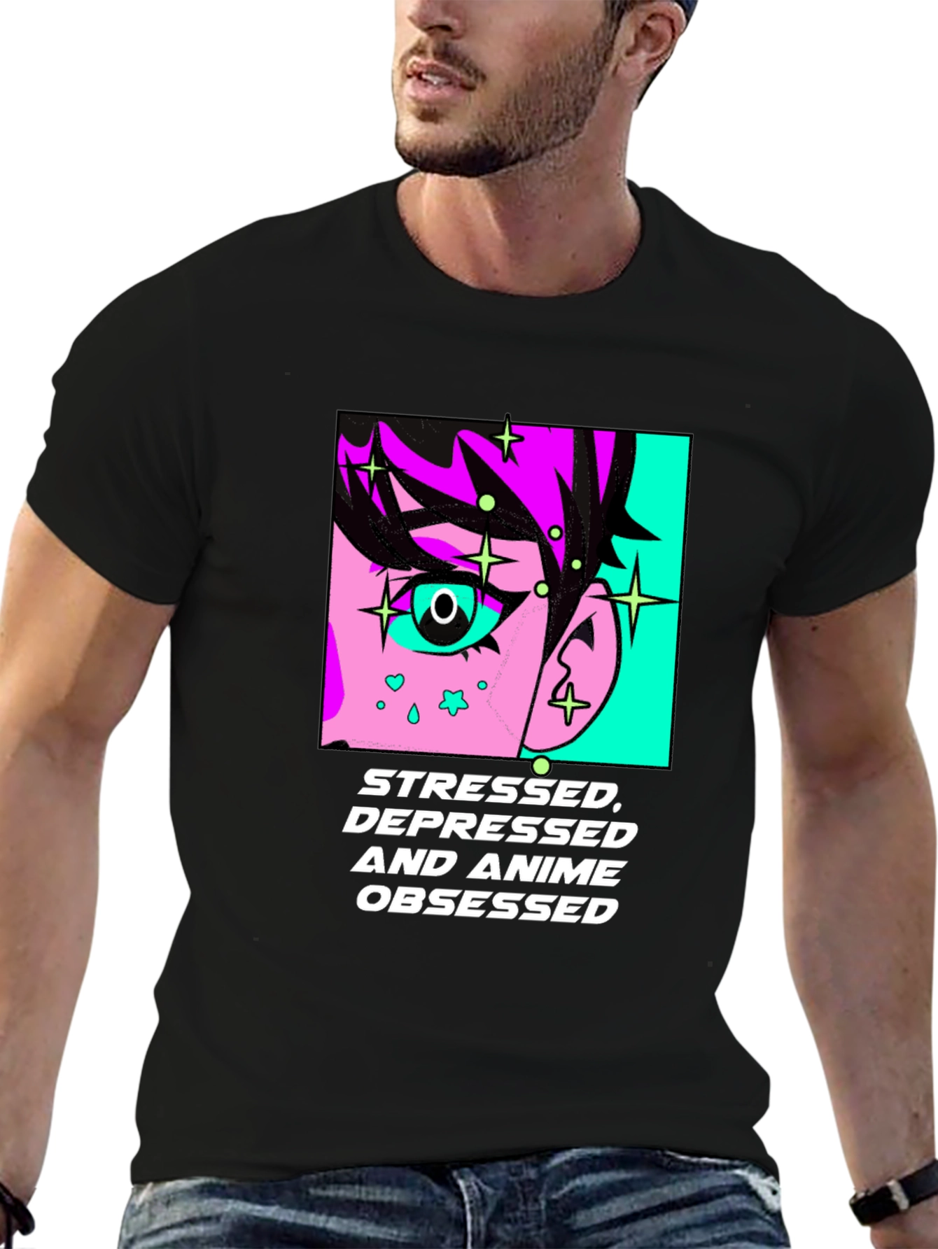 Black Stressed Depressed Anime Obsessed Black T-Shirt view 6