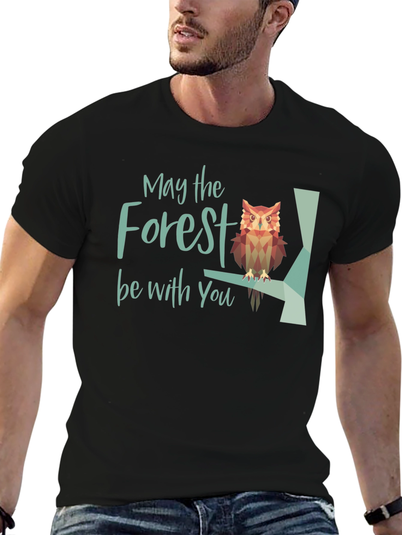 Black May the Forest Be With You Owl Graphic T-Shirt view 6
